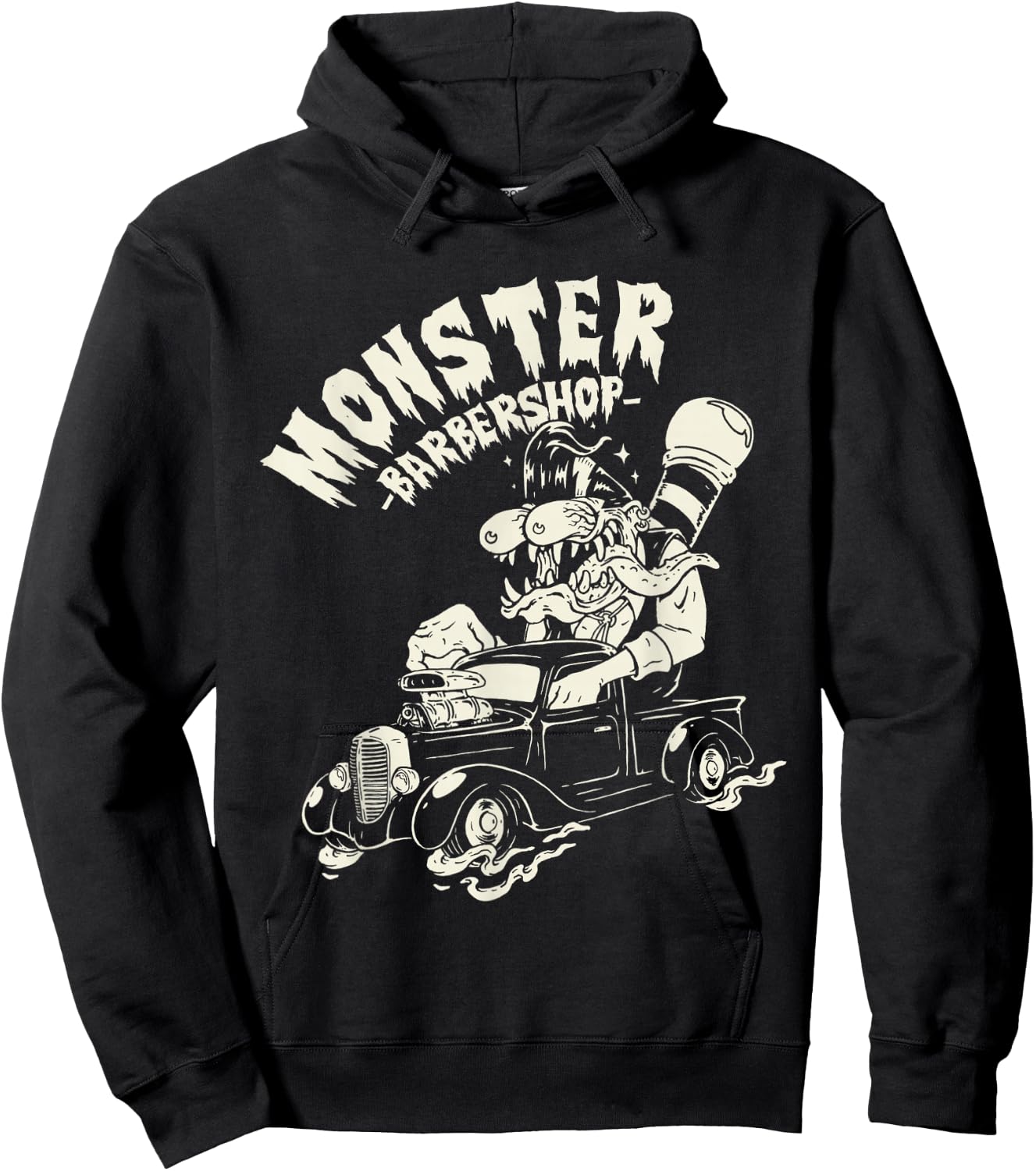 Horror Art - Ratfink Monster Barbershop - Psychobilly Punk Hoodie - Hoodie | Black