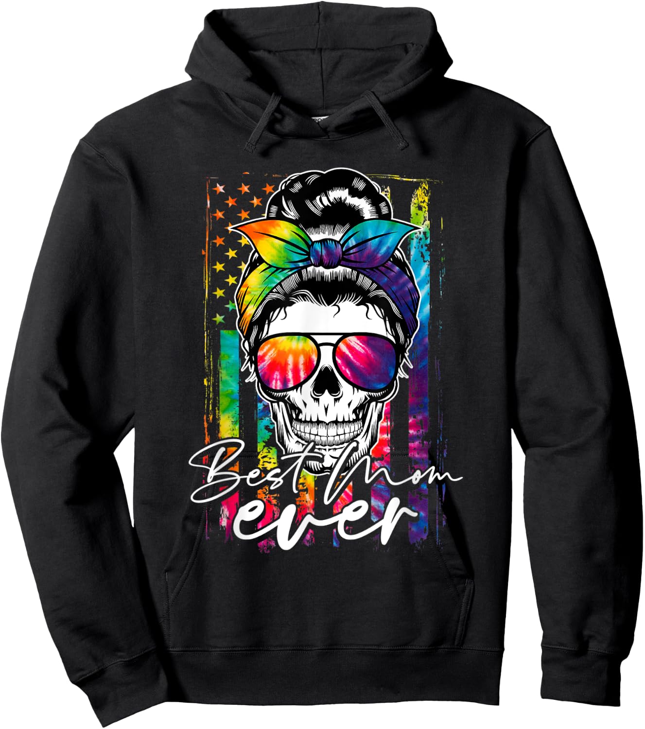 Tie Dye Best Mom Ever Skull Glasses American Flag Mom Life Hoodie - Hoodie | Black