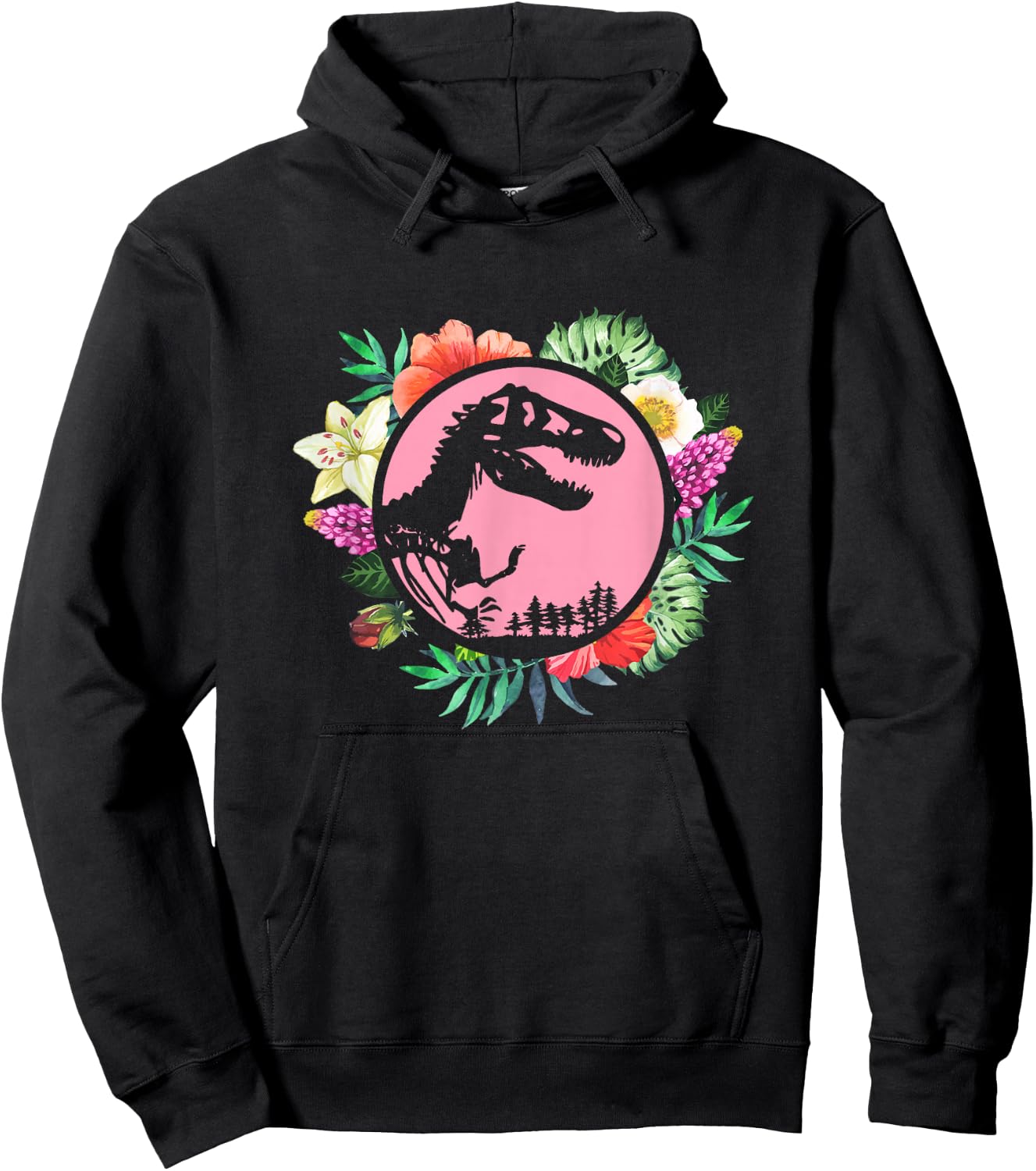 Floral Tropical Hawaiian Pattern T Rex Dinosaur Hoodie - Hoodie | Black