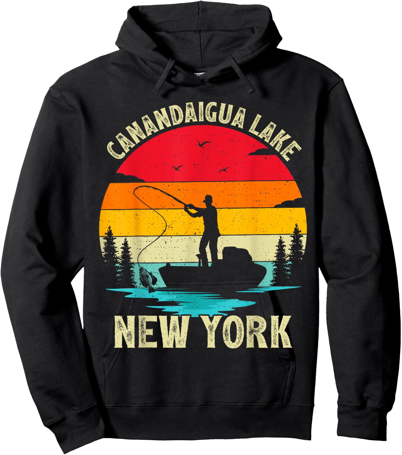 Summer Vacation Fishing Vintage New York Canandaigua Lake Hoodie - Hoodie | Black