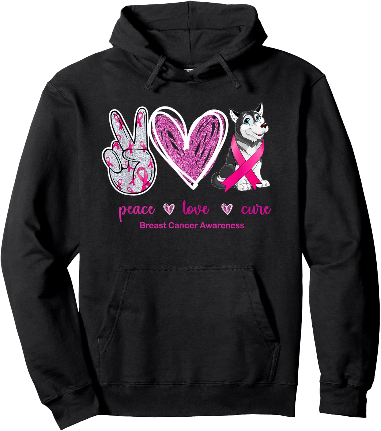 Peace Love Cure Husky Dog Breast Cancer Awareness Women Hoodie - Hoodie | Black