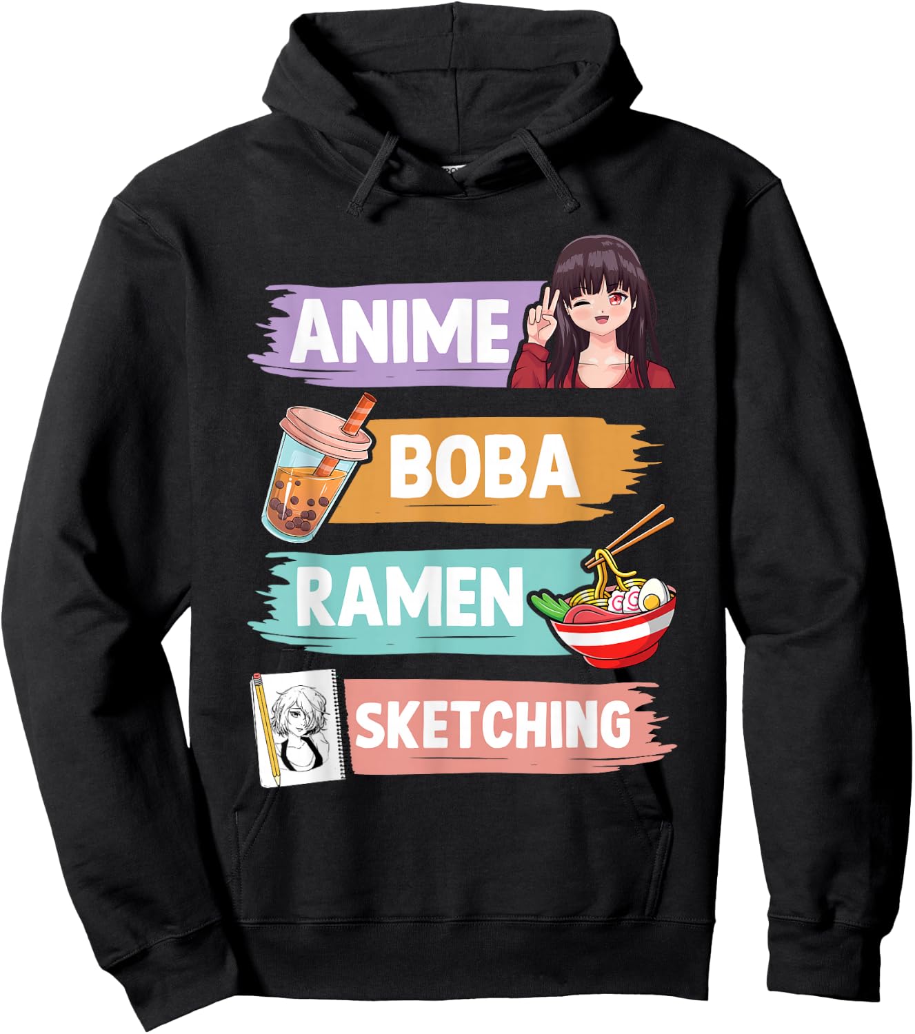 Anime Boba Ramen Sketching Otaku Kawaii Anime Girl Women Hoodie - Hoodie | Black