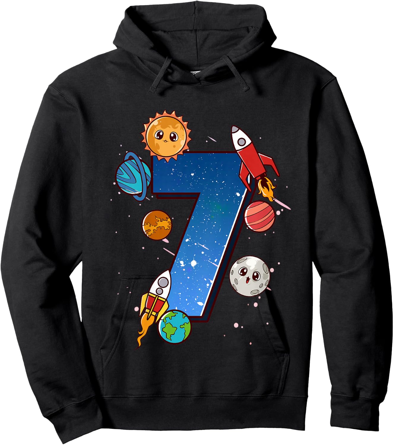 Kids Boys 7th Birthday Party Outfit 7 Years Old Space Planets Hoodie - Hoodie | Black
