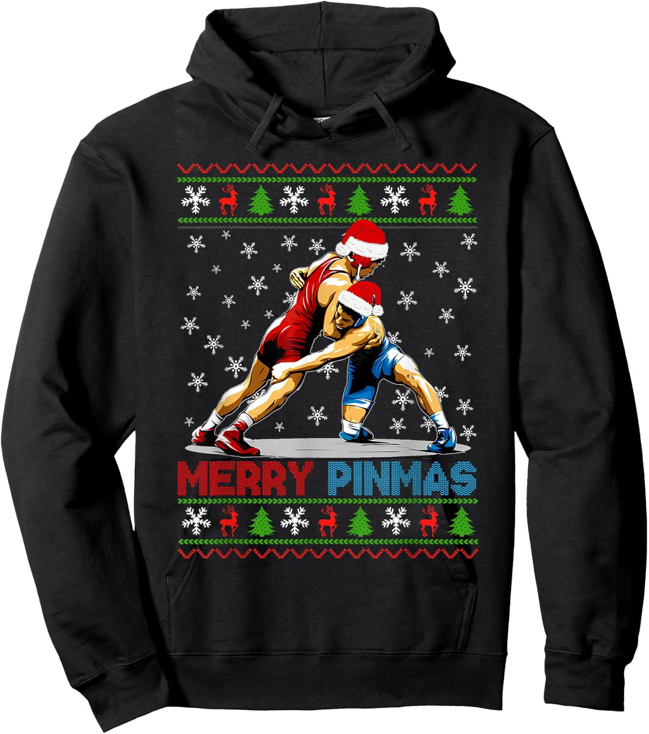 Merry Pinmas Ugly Christmas Santa Claus Wrestling Boys Men Hoodie - Hoodie | Black