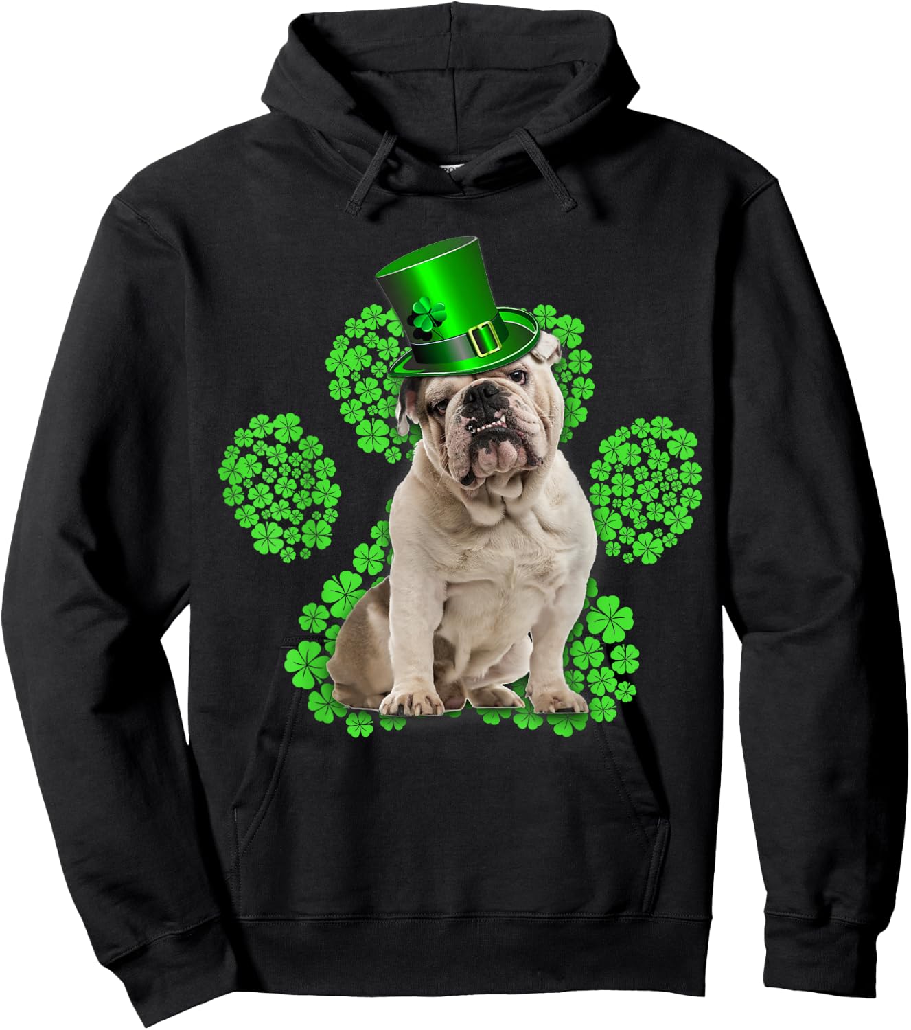 English Bulldog Shamrock Paw Clovers St Patrick's Day Hoodie - Hoodie | Black