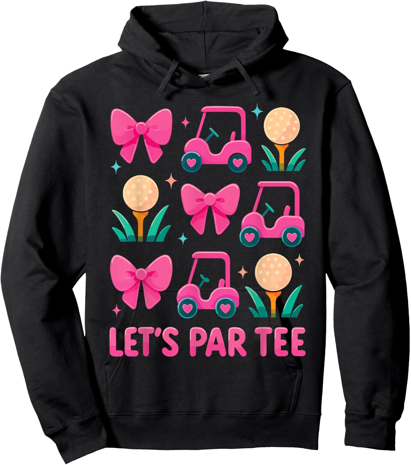 Let's Par Cute Pink Golf Cart Bow Pattern Golfer Graphic Hoodie - Hoodie | Black
