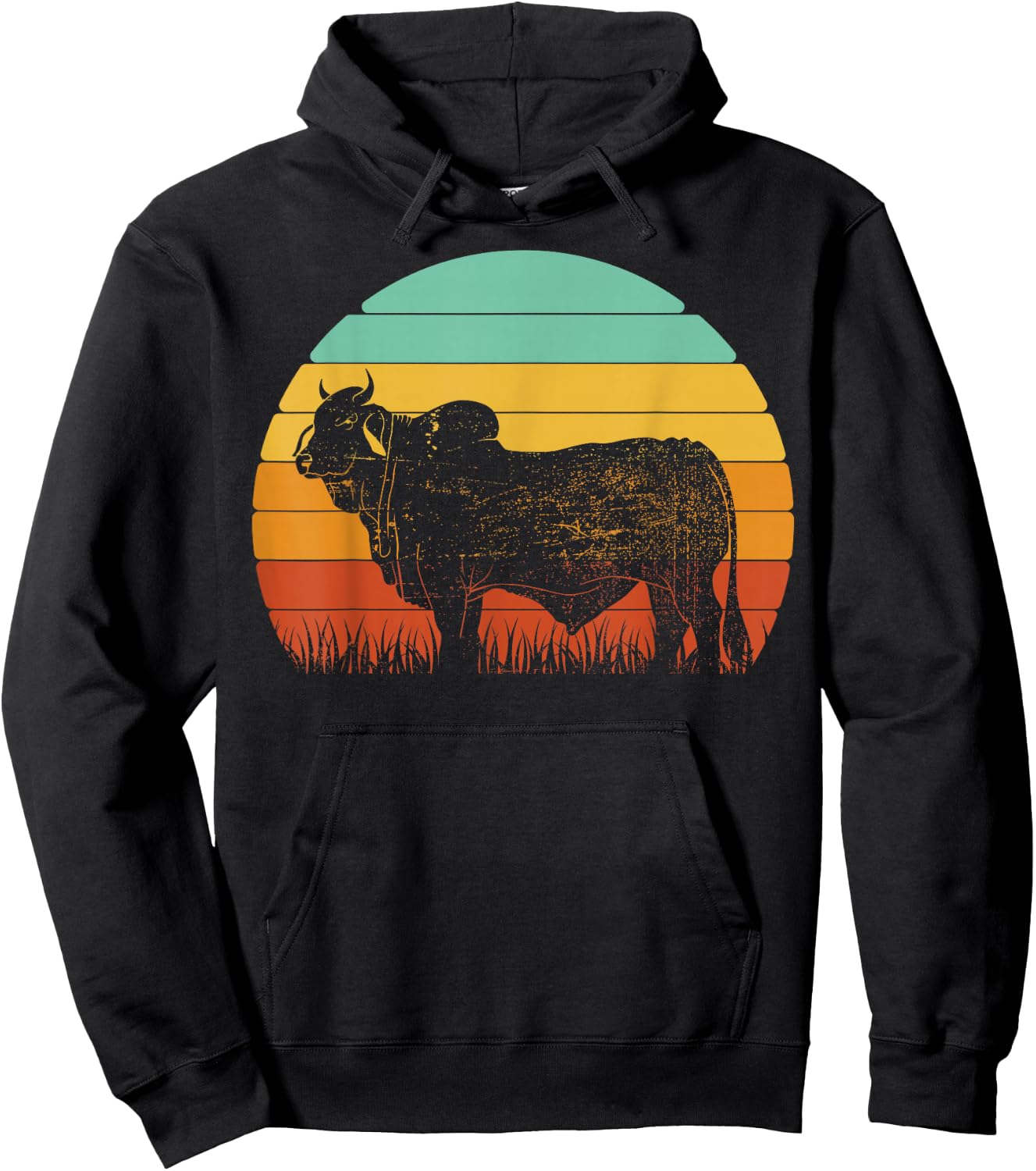 Retro Sunset Cow Farmer Brahman Cattle Hoodie - Hoodie | Black