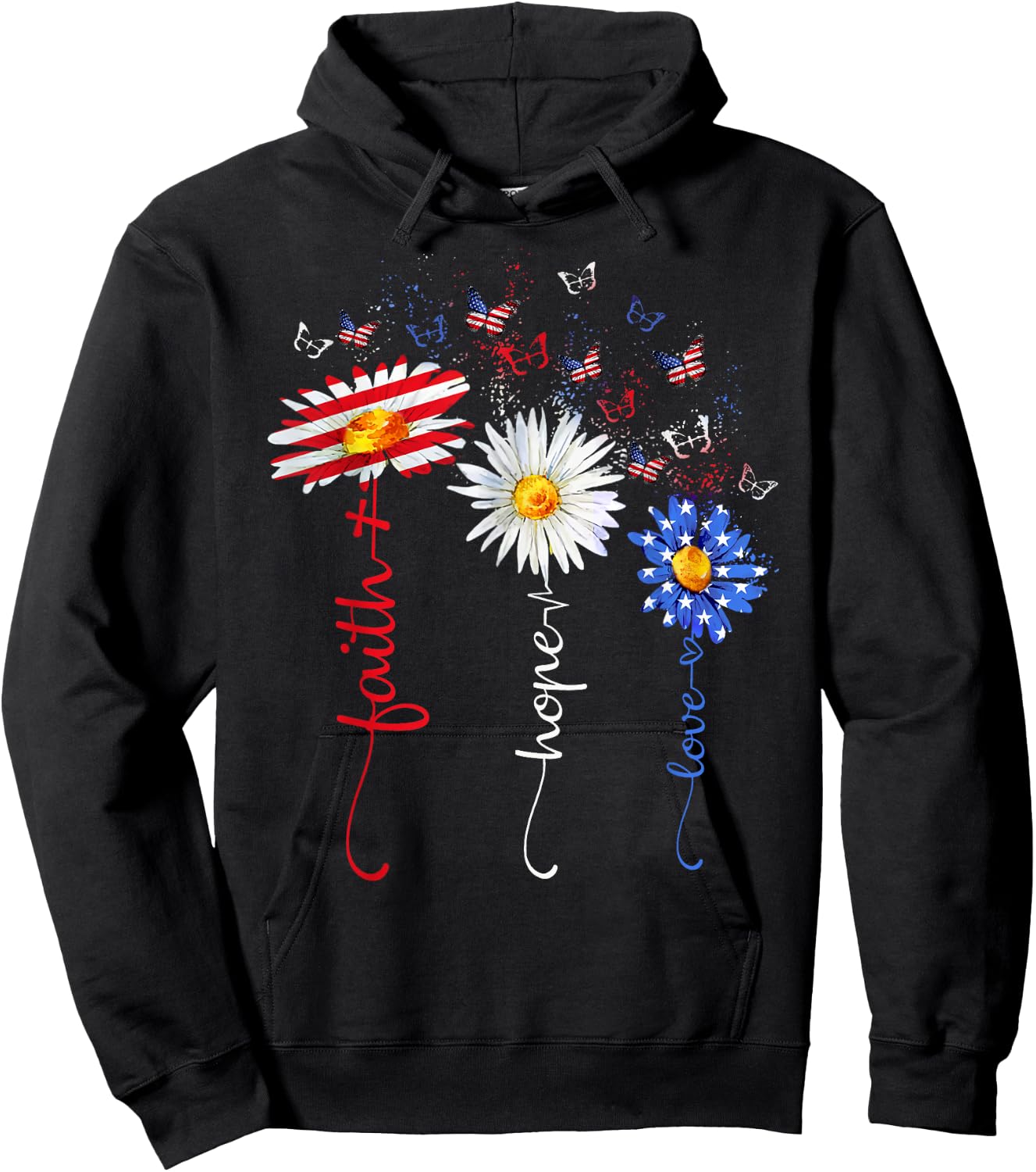Faith Hope Love Butterfly Daisy Christians God 4th of July Hoodie - Hoodie | Black