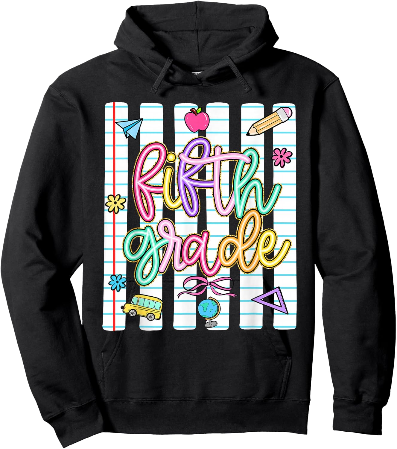 Striped Preppy Fifth Grade Back to School Teacher Girl Kids Hoodie - Hoodie | Black