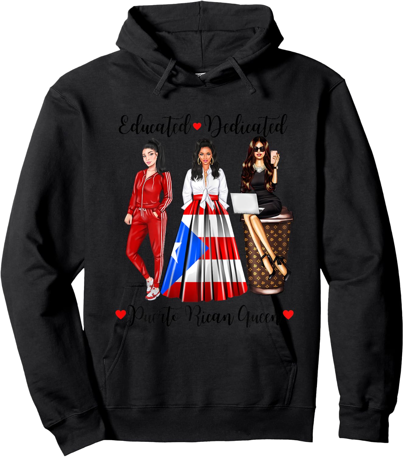 Educated Dedicated Puerto Rico Queen Flag Coffee Rican Woman Hoodie - Hoodie | Black