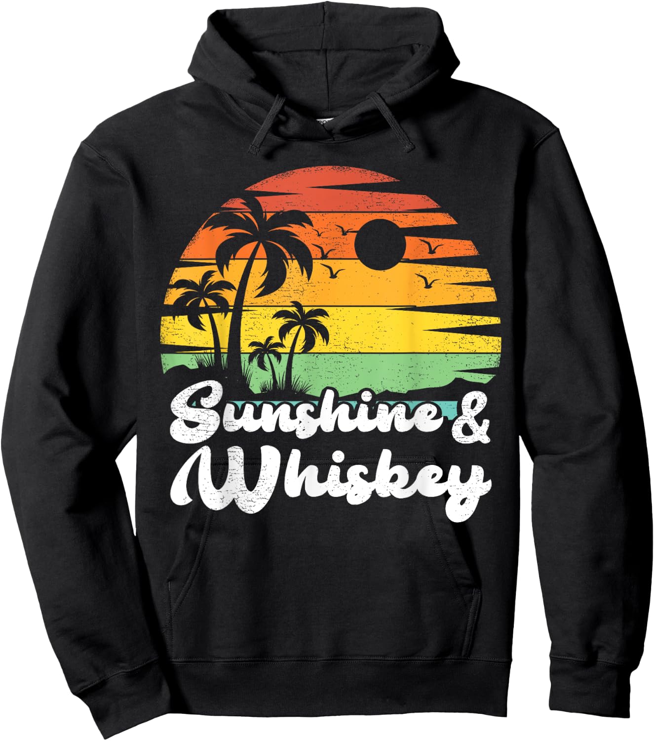 Palm Tree Vintage Sunset Sunshine And Whiskey Beach Vacation Men Women Hoodie - Hoodie | Black