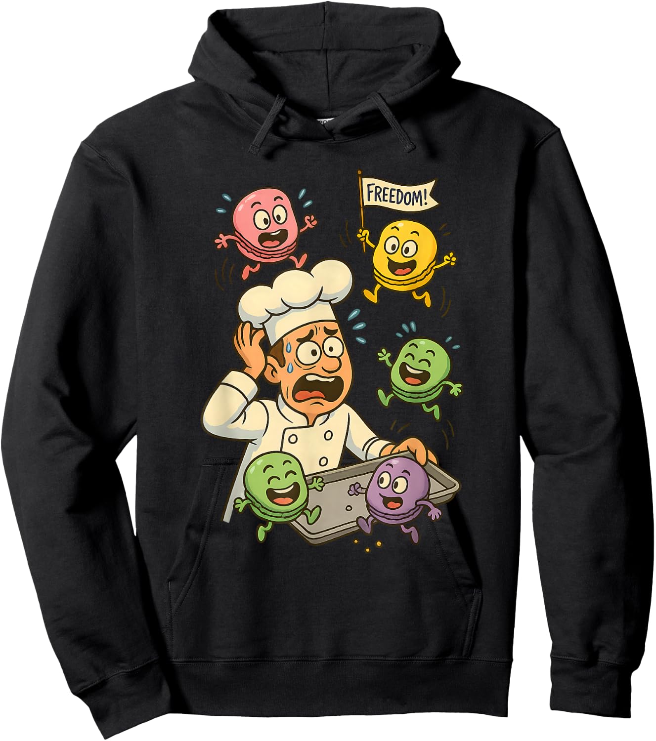 Funny Cartoon Chef & Escaping Macarons Baking Humor Hoodie - Hoodie | Black