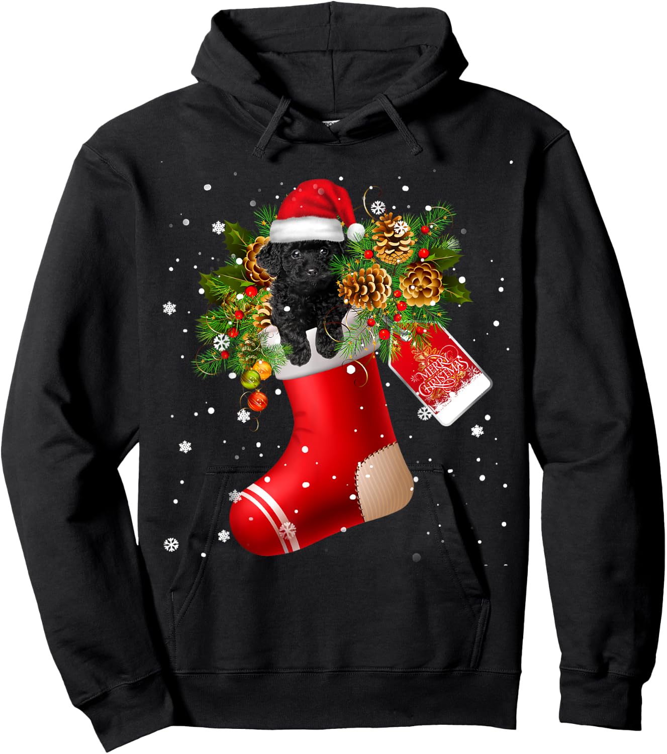 Santa Black Toy Poodle In Christmas Sock Pajama Hoodie - Hoodie | Black