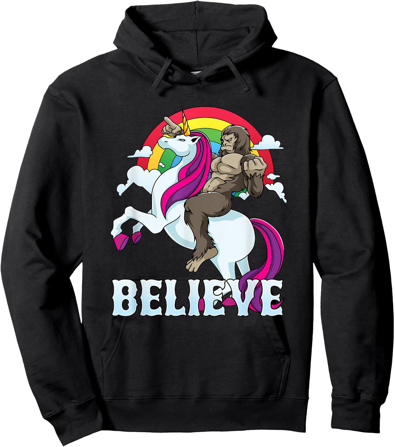 Bigfoot Riding Unicorn Believe Sasquatch Faith Rainbow Hoodie - Hoodie | Black