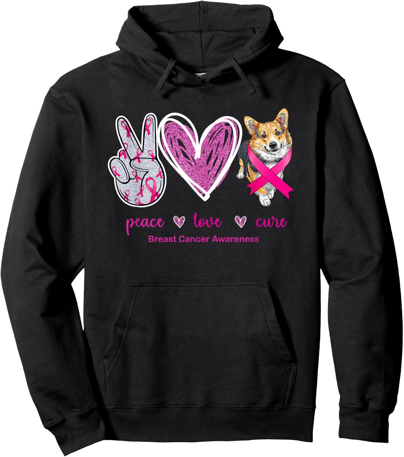 Peace Love Cure Corgi Dog Breast Cancer Awareness Women Hoodie - Hoodie | Black