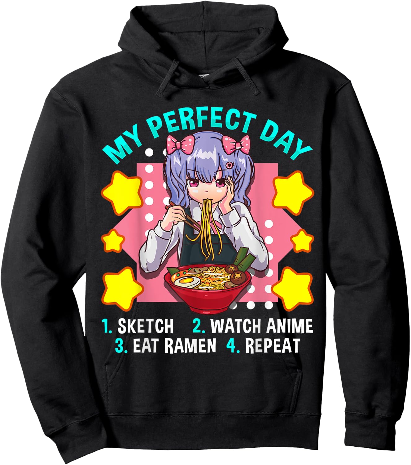 My Perfect Day Sketch Watch Anime Eat Ramen Repeat Hoodie - Hoodie | Black