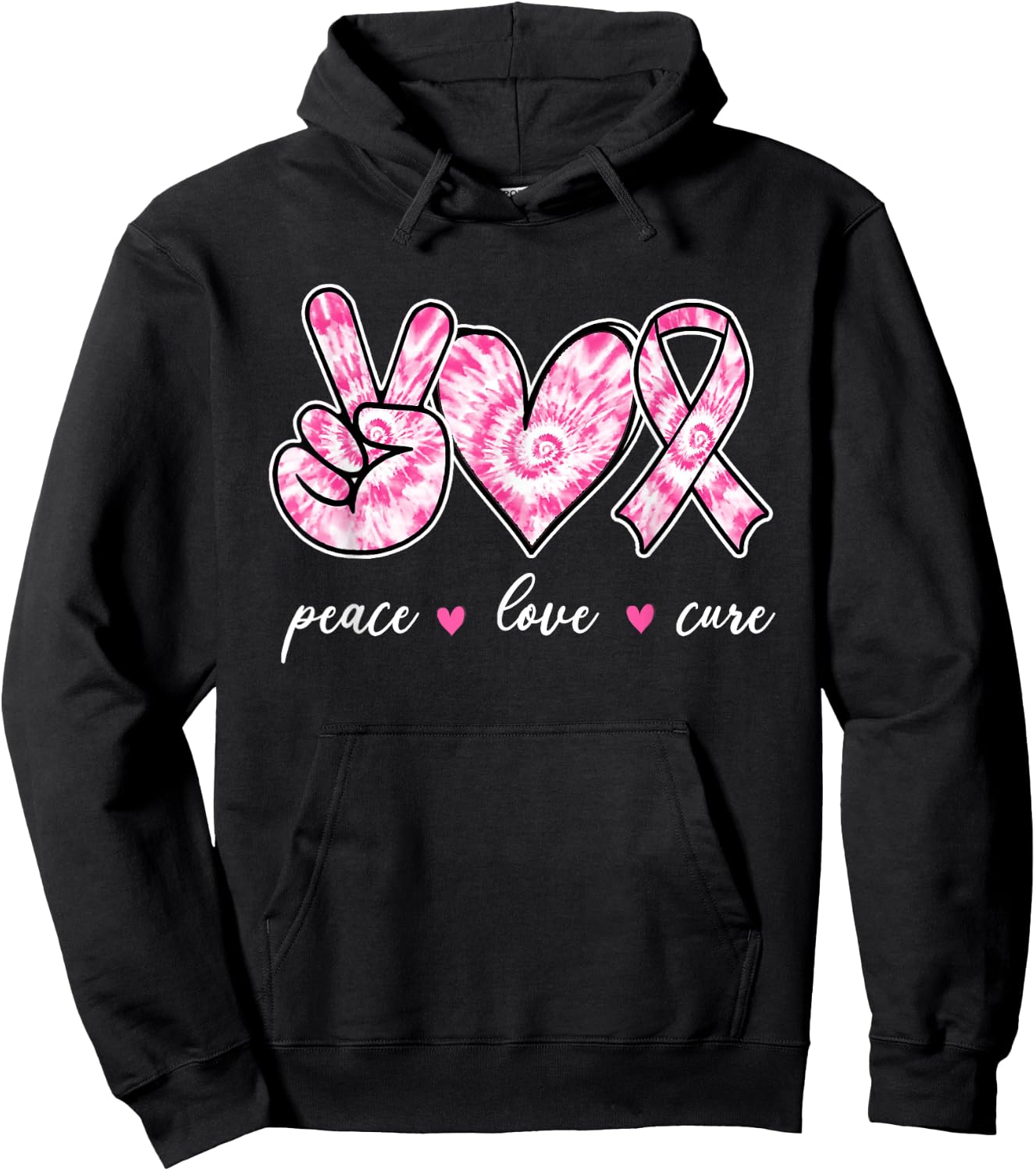 Breast Cancer Awareness Pink Tie Dye Peace Love Cure Faith Hoodie - Hoodie | Black
