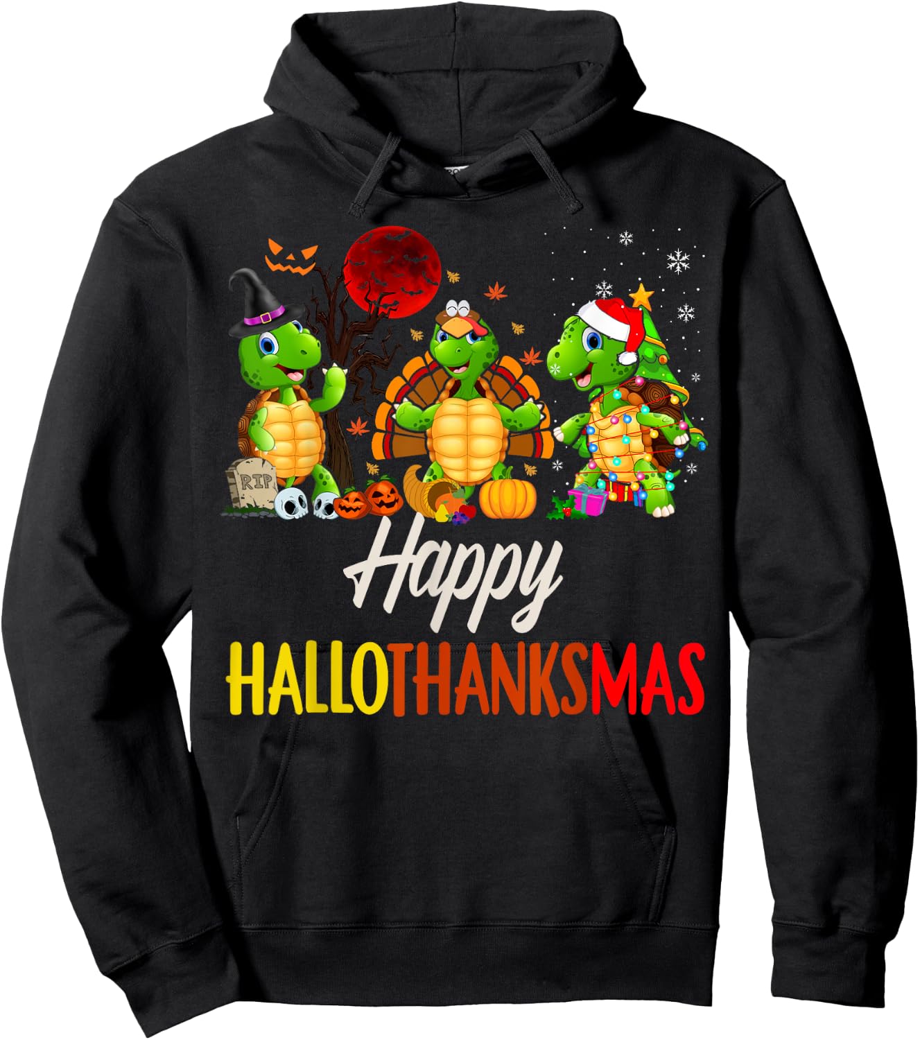 Happy Hallothanksmas Santa Turtle Halloween Thanksgiving Hoodie - Hoodie | Black