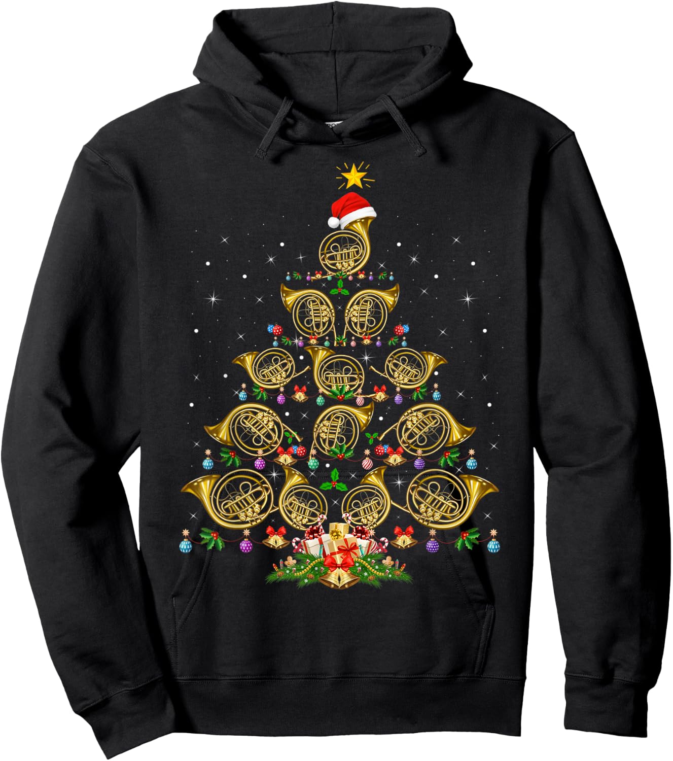 French Horn Lover Christmas Lighting French Horn Xmas Tree Hoodie - Hoodie | Black