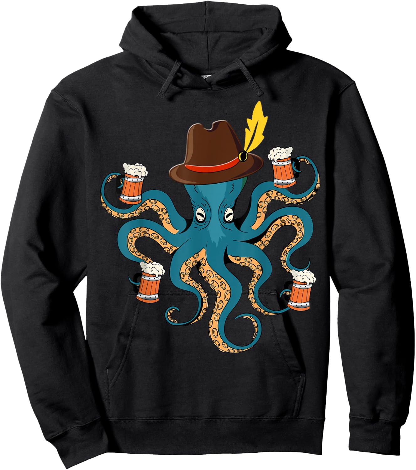 Funny Oktoberfest Octopus with Beer German Hat - Oktoberfest Hoodie - Hoodie | Black