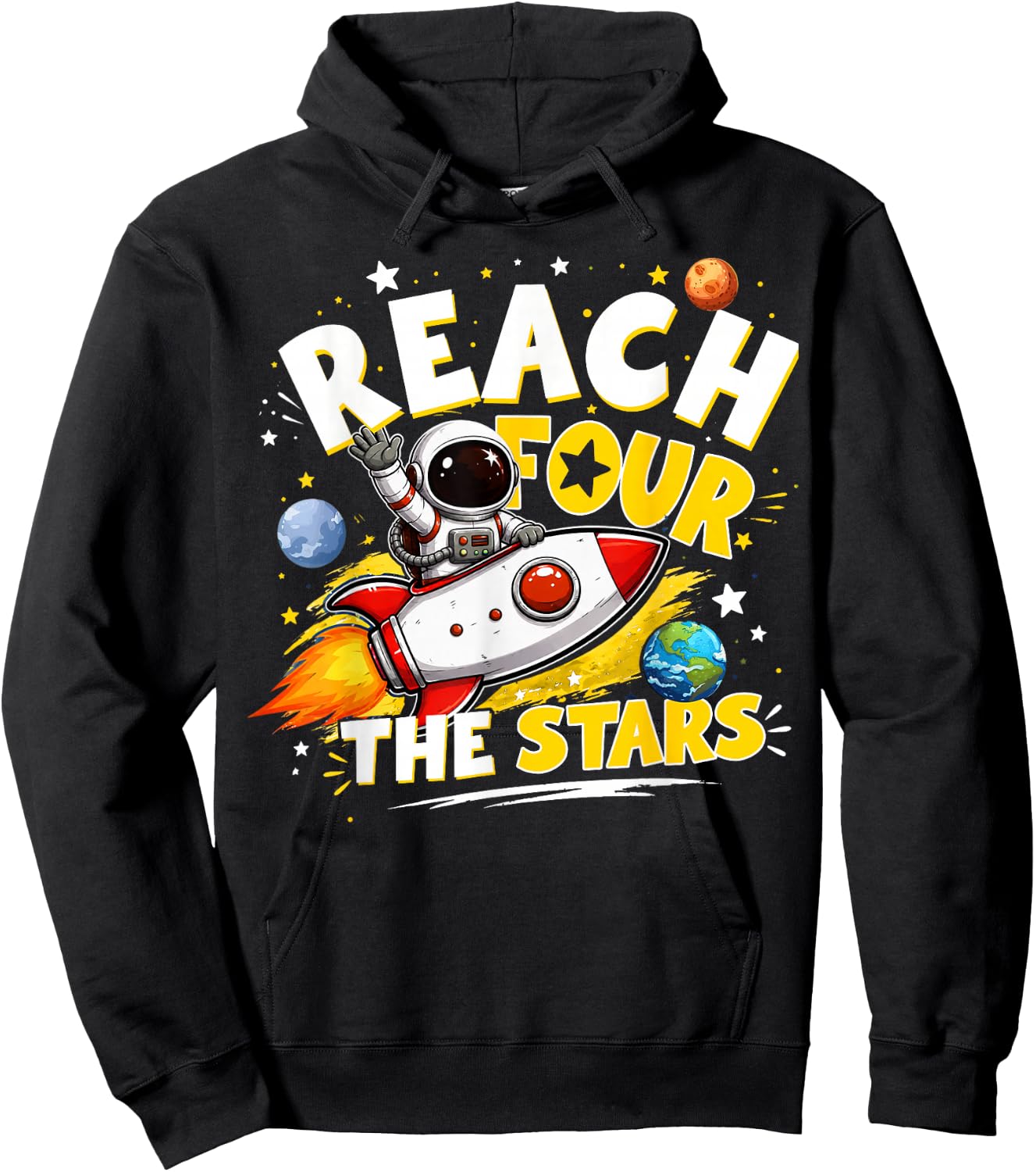 Kids 4th Birthday Boy Astronaut Reach Four The Stars Hoodie - Hoodie | Black