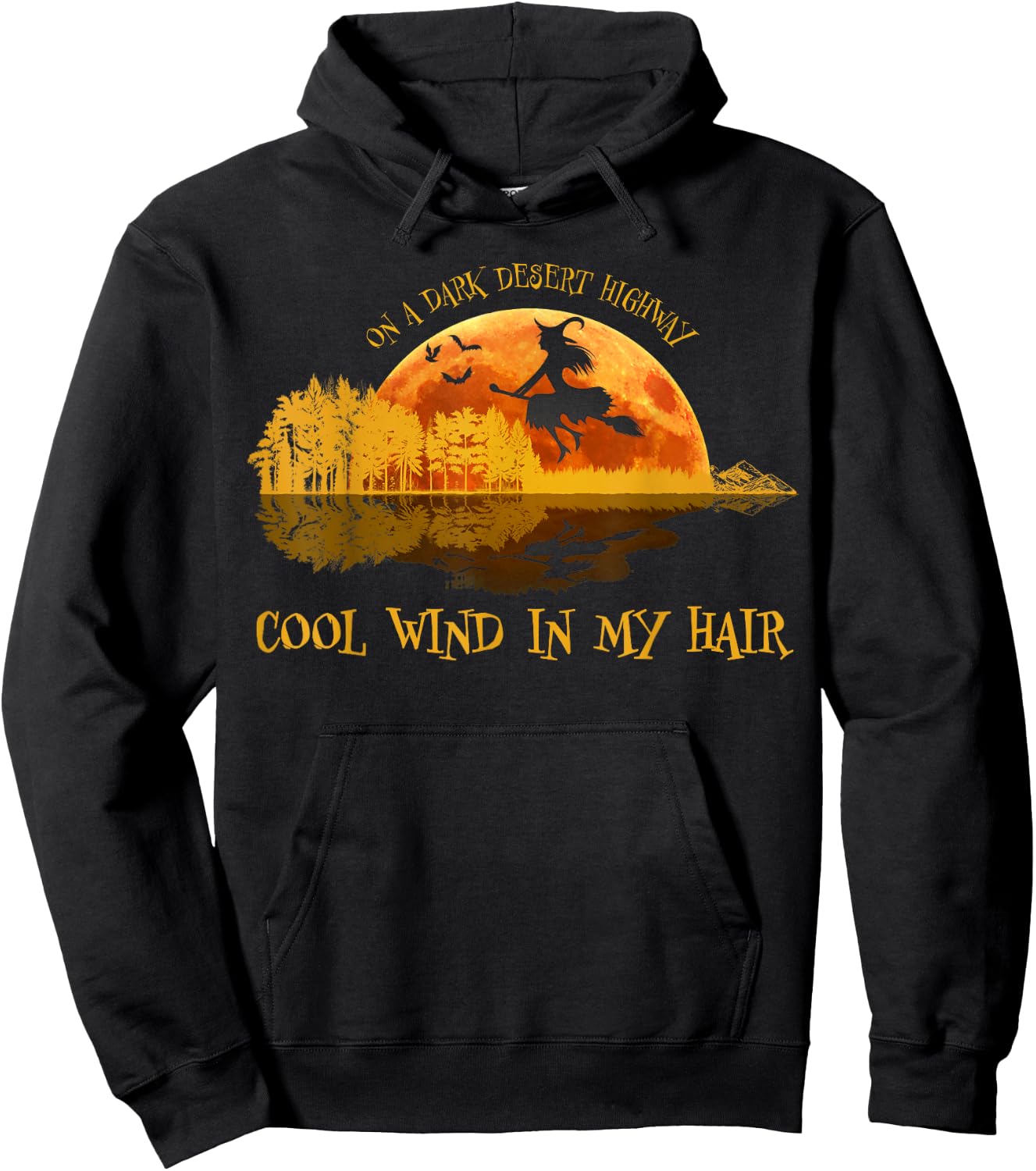 Flying Witch Riding Her Broom On A Desert Highways Halloween Hoodie - Hoodie | Black