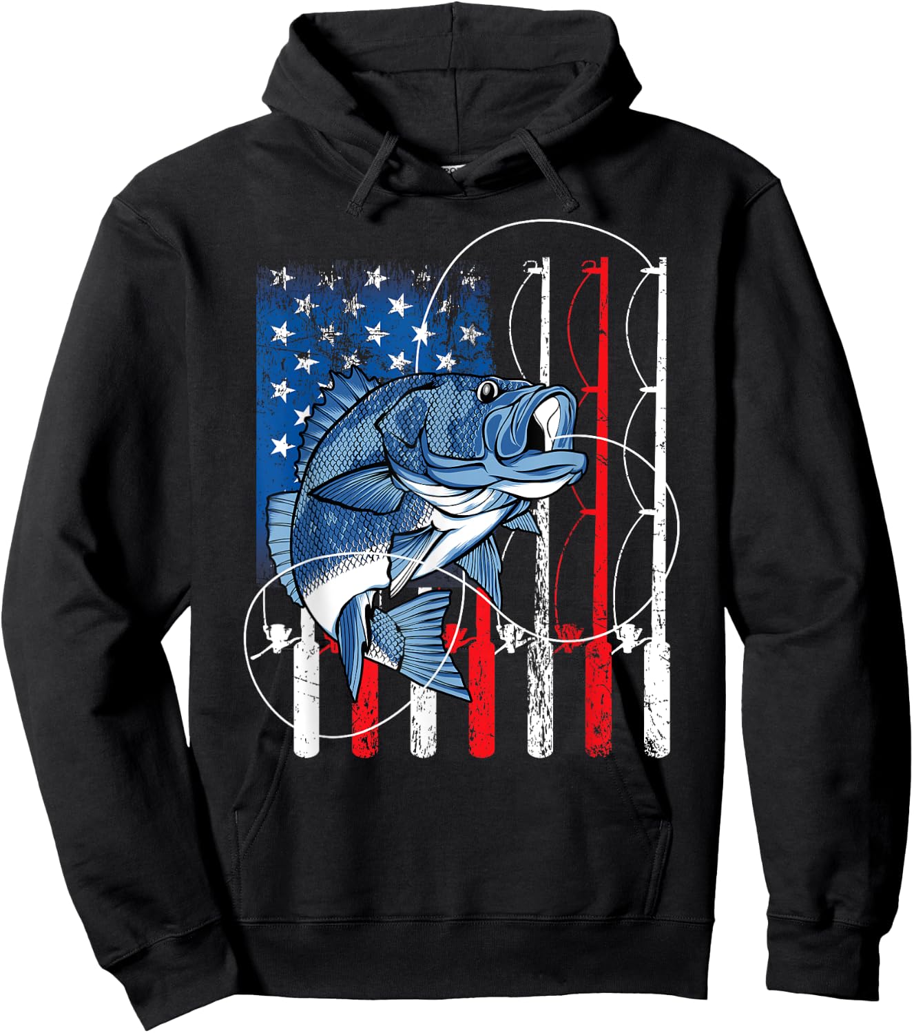 Fishing Vintage American Flag Bass Fisherman Gifts Hoodie - Hoodie | Black