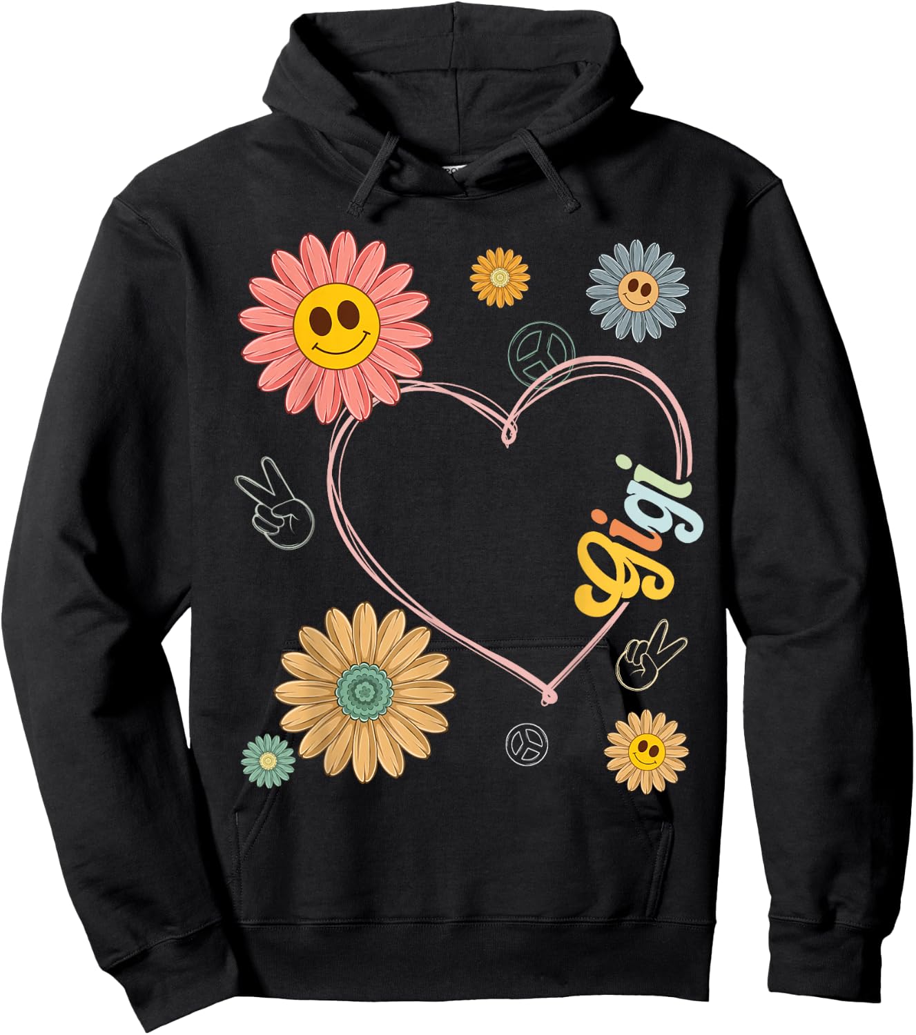 Love Heart Groovy Gigi Mother's Day Women Hippie 70's Style Hoodie - Hoodie | Black