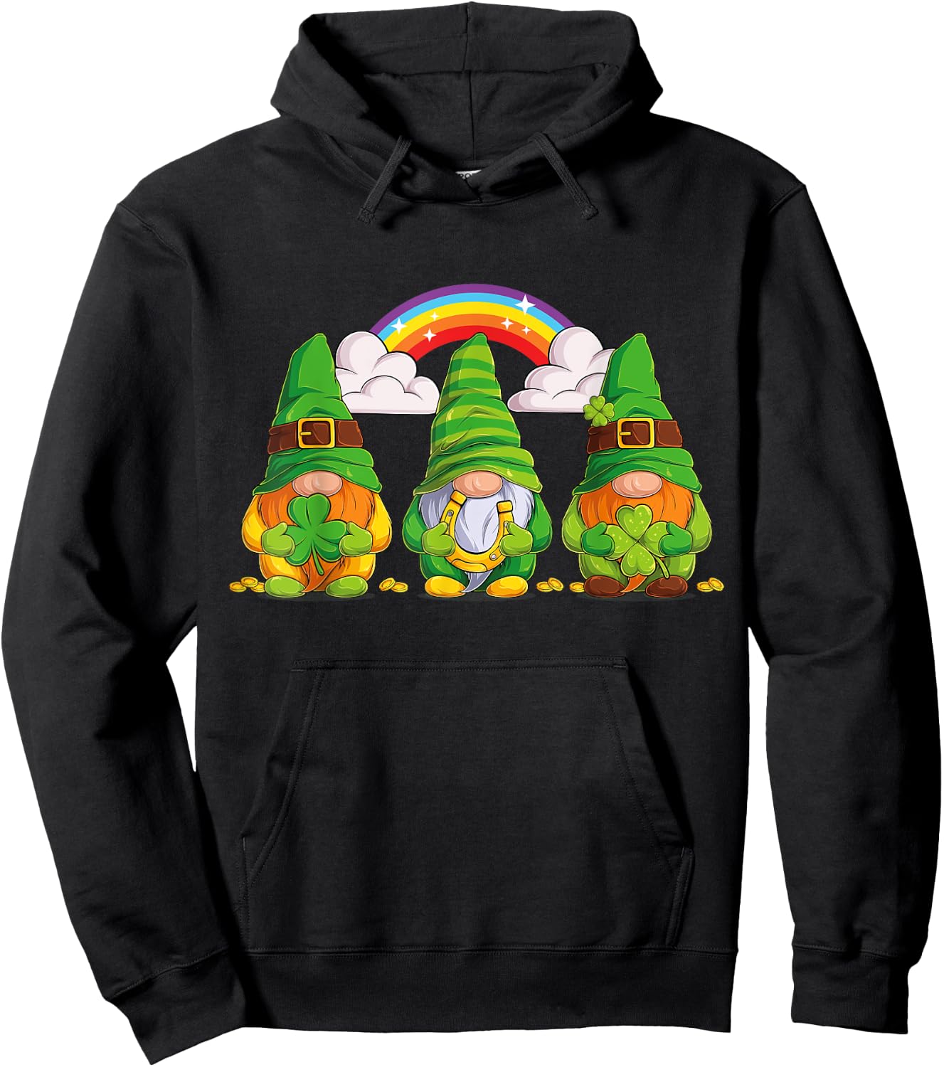 Lucky Gnomes Holding Shamrock Clover And Horseshoe Rainbow Hoodie - Hoodie | Black