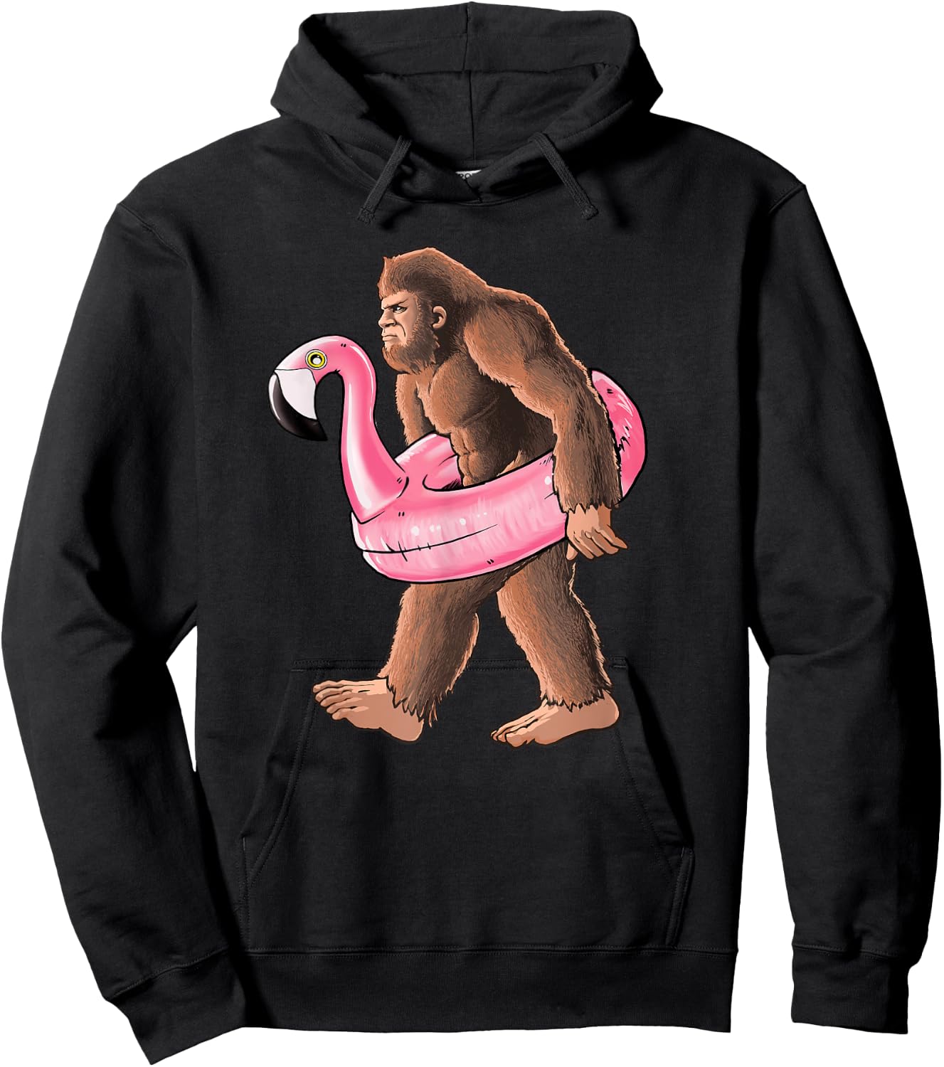 Bigfoot Carrying a Pink Flamingo Pool Floaty Summertime Hoodie - Hoodie | Black