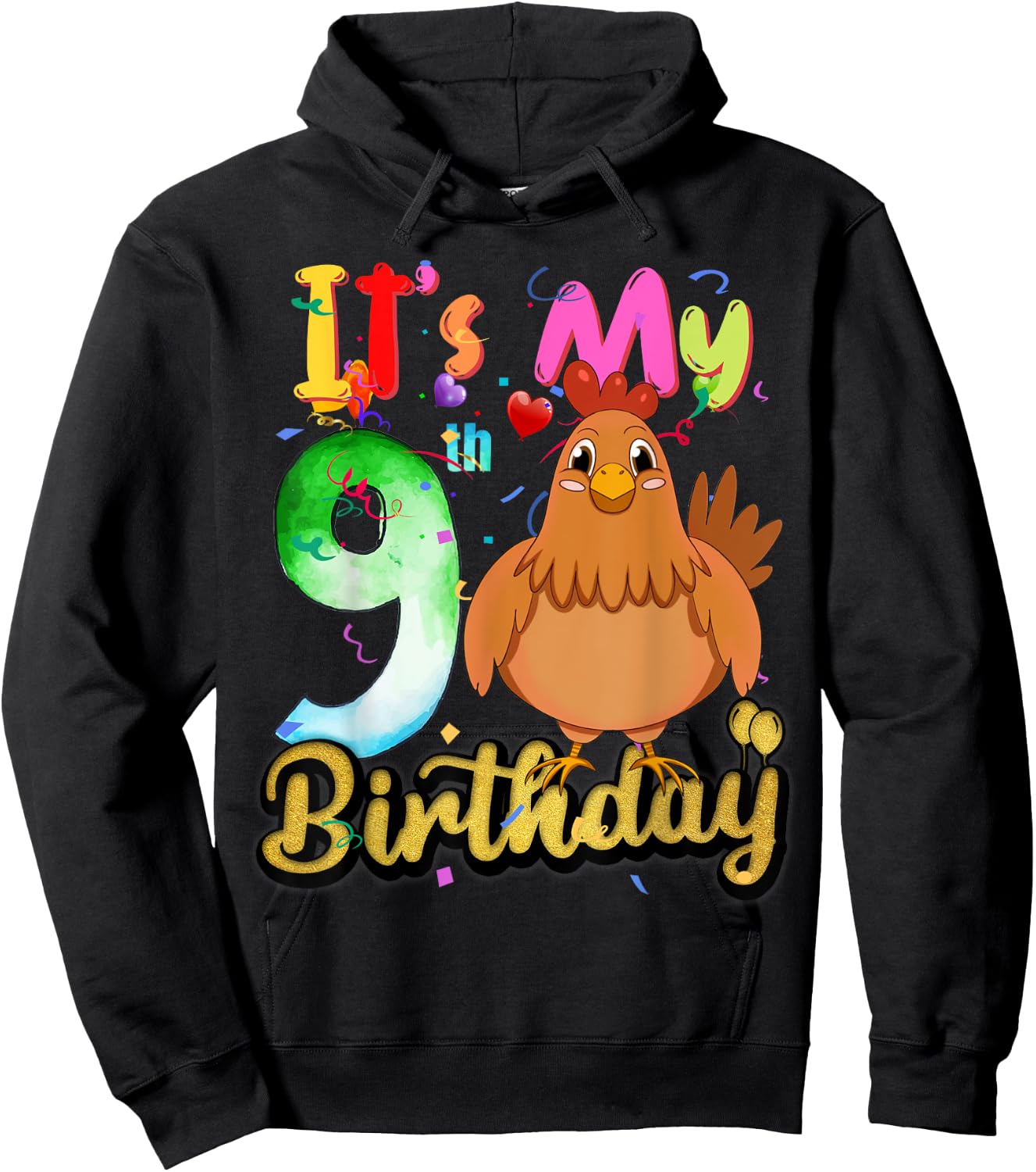 Kids Chicken 9th Birthday 9 Years Old Girls Chicken Birthday Hoodie - Hoodie | Black