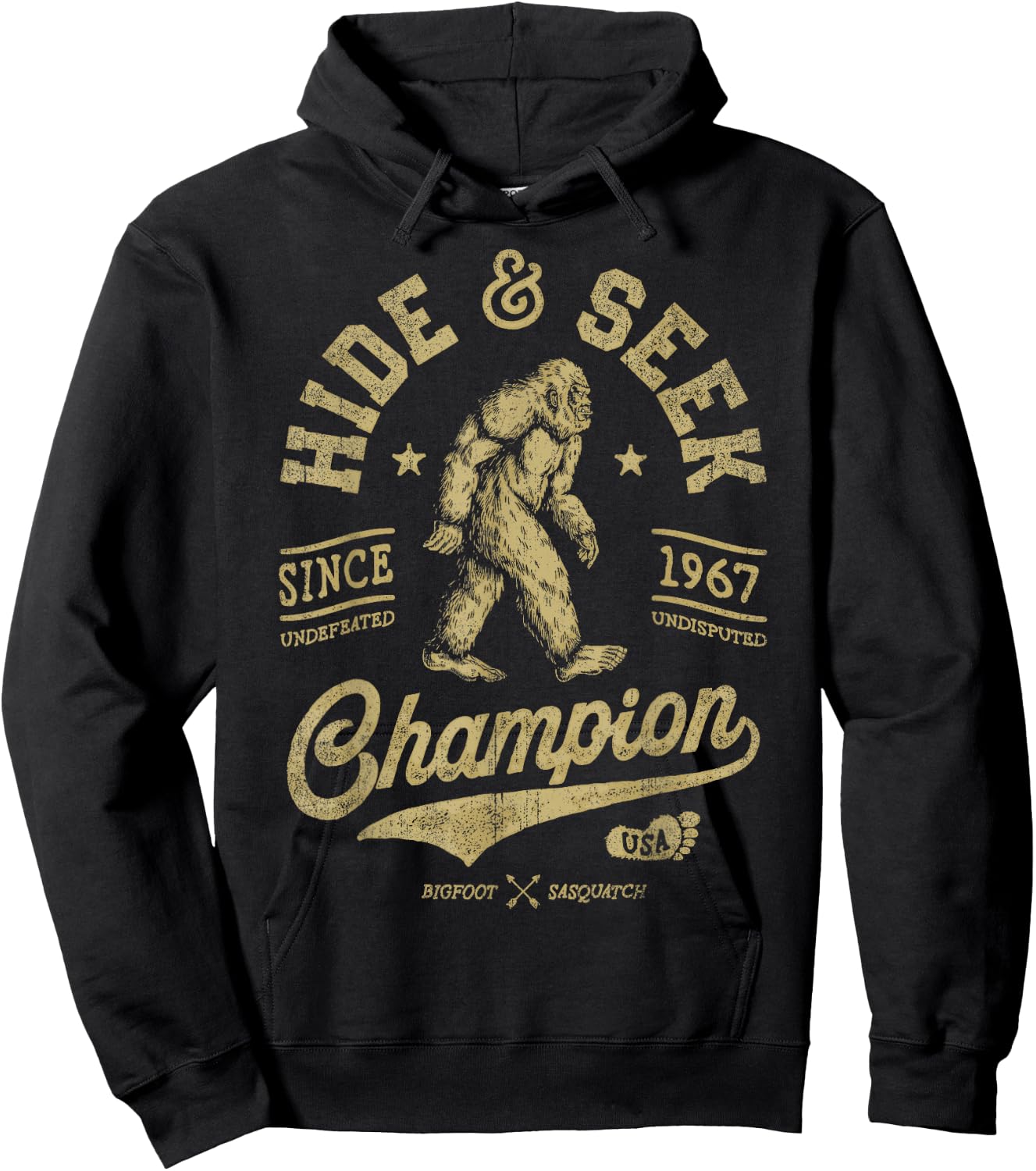 Squatchy Bigfoot Co Bigfoot Hide And Seek Champion Funny Sasquax Retro Vintage Hoodie - Hoodie | Black