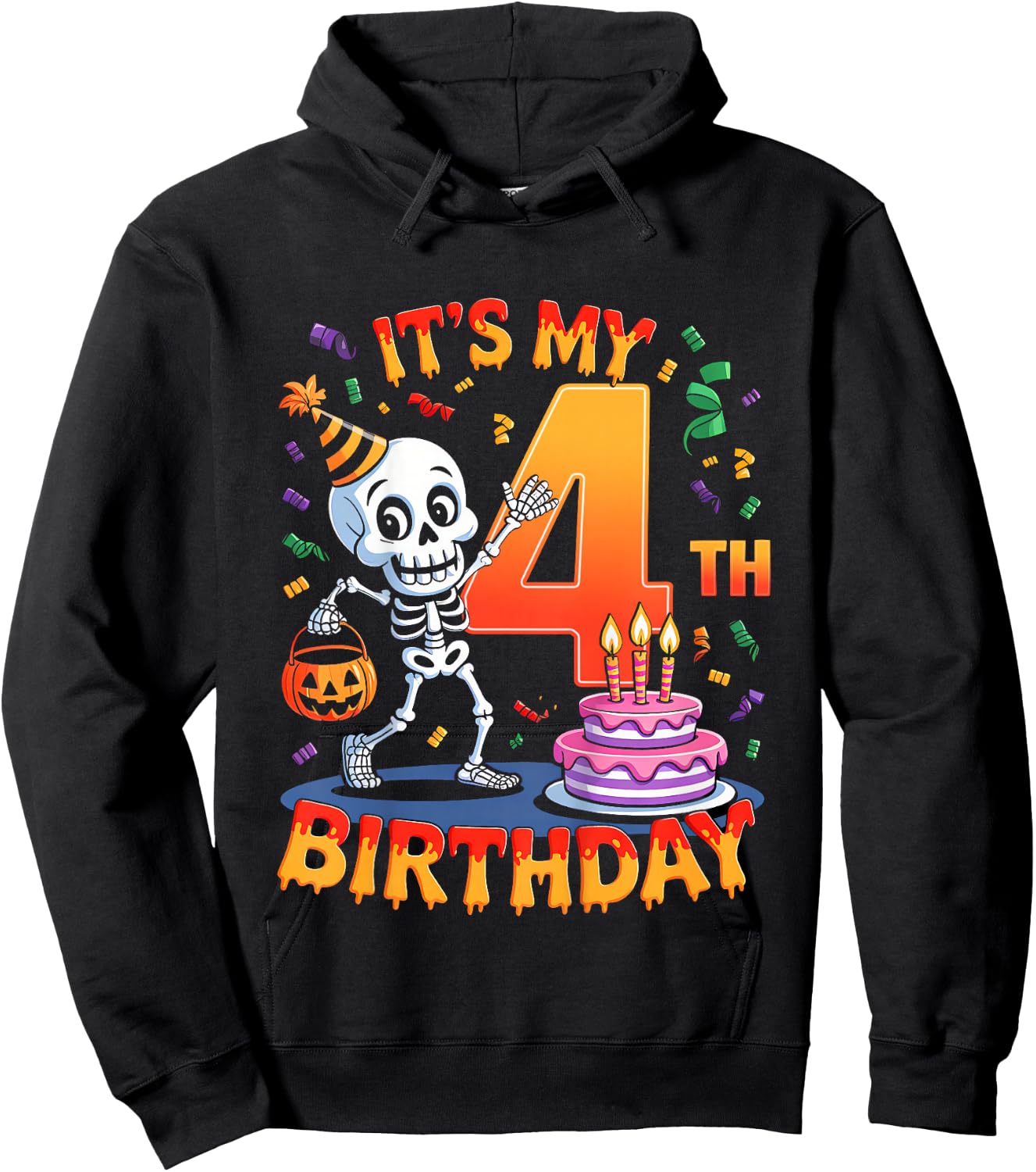 Kids Boo It's My 4th Birthday Halloween Skeleton 4 Years Old Hoodie - Hoodie | Black