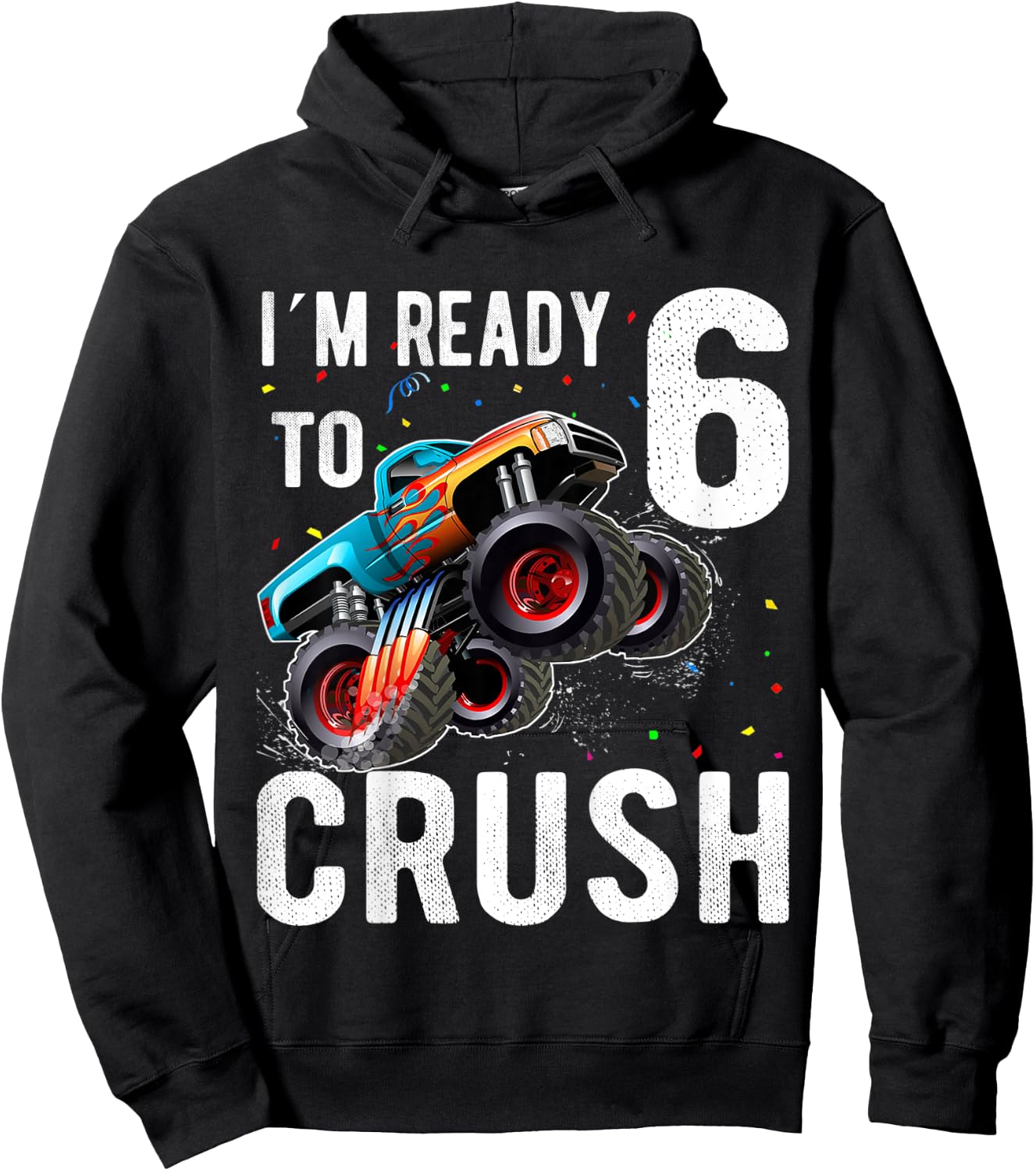 Kids Monster Trucks 6th Birthday Party Shirt Six Years old Boys Hoodie - Hoodie | Black