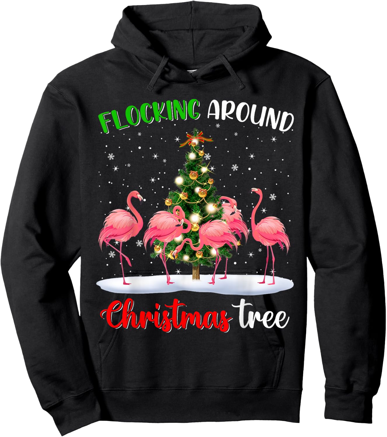 Cute Flamingo Christmas Flocking Around Christmas Tree Funny Hoodie - Hoodie | Black