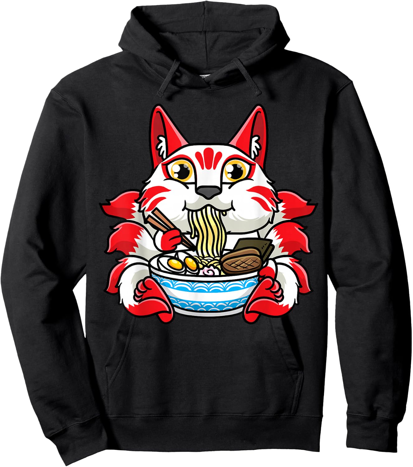 Kitsune Eating Ramen Noodles Otaku Japanese Nine Tailed Fox Hoodie - Hoodie | Black