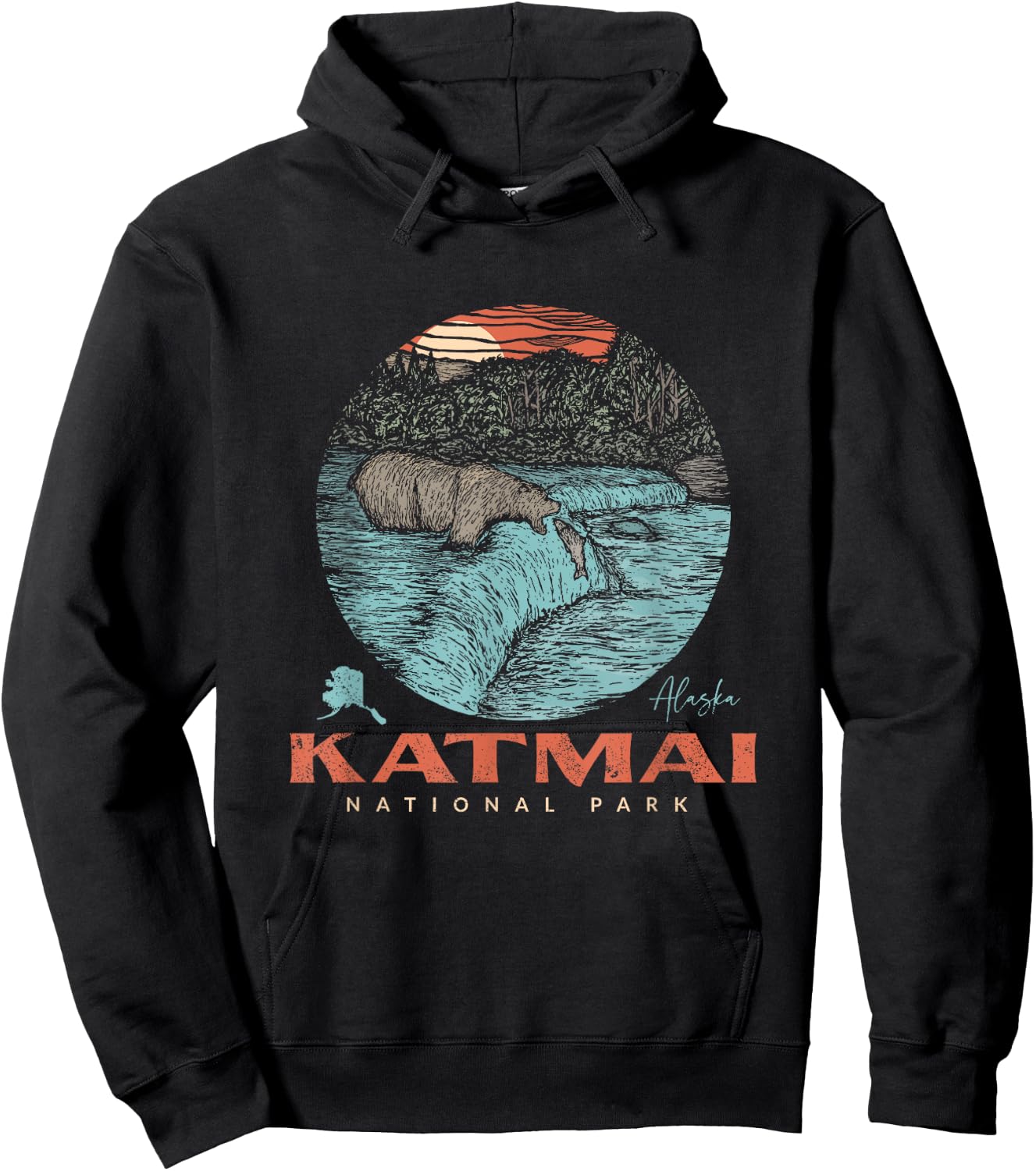 Katmai National Park Vintage Bear Fishing Outfit Adventure Hoodie - Hoodie | Black
