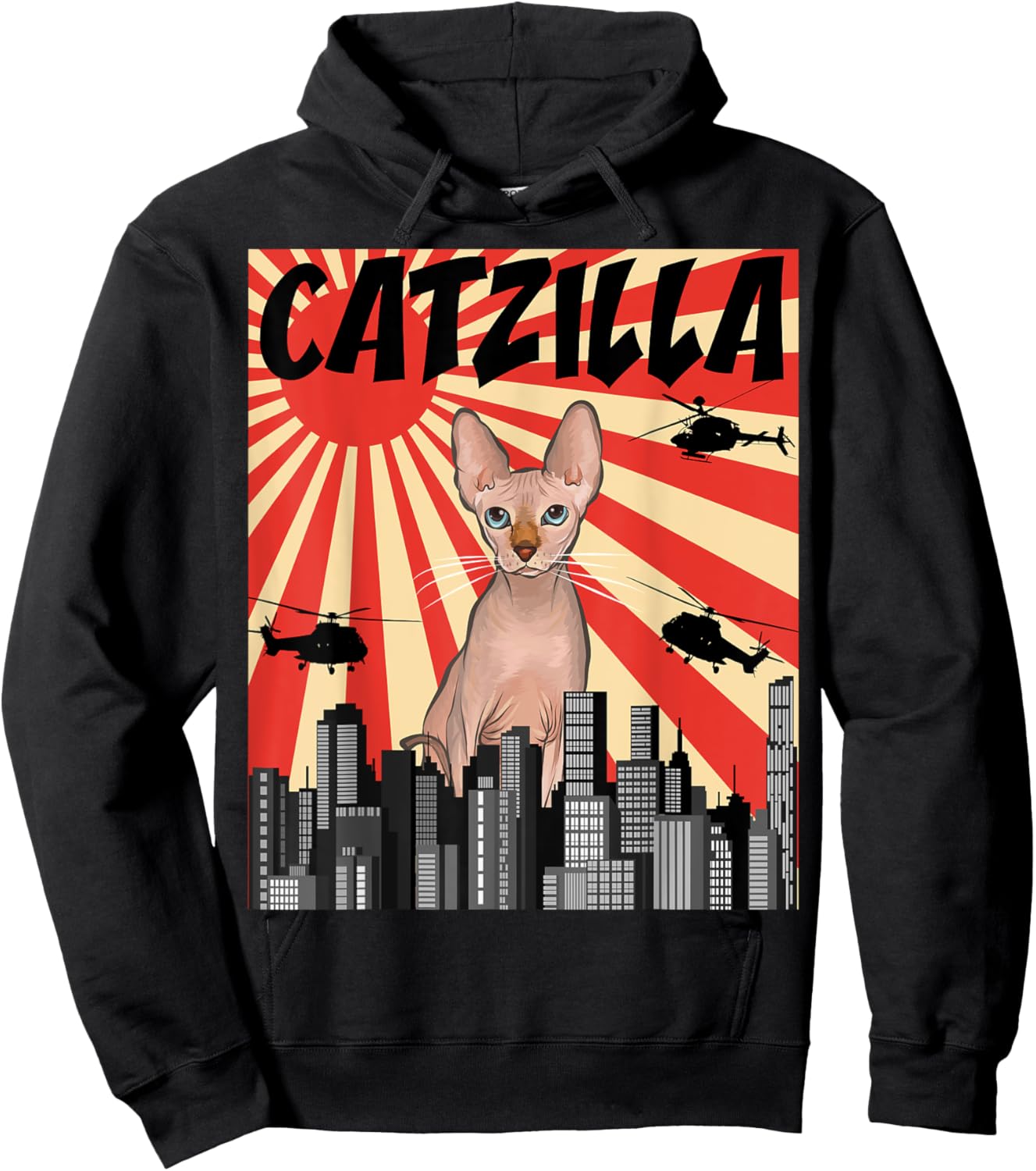 Funny Retro Japanese Catzilla Sphynx Cat Hoodie - Hoodie | Black