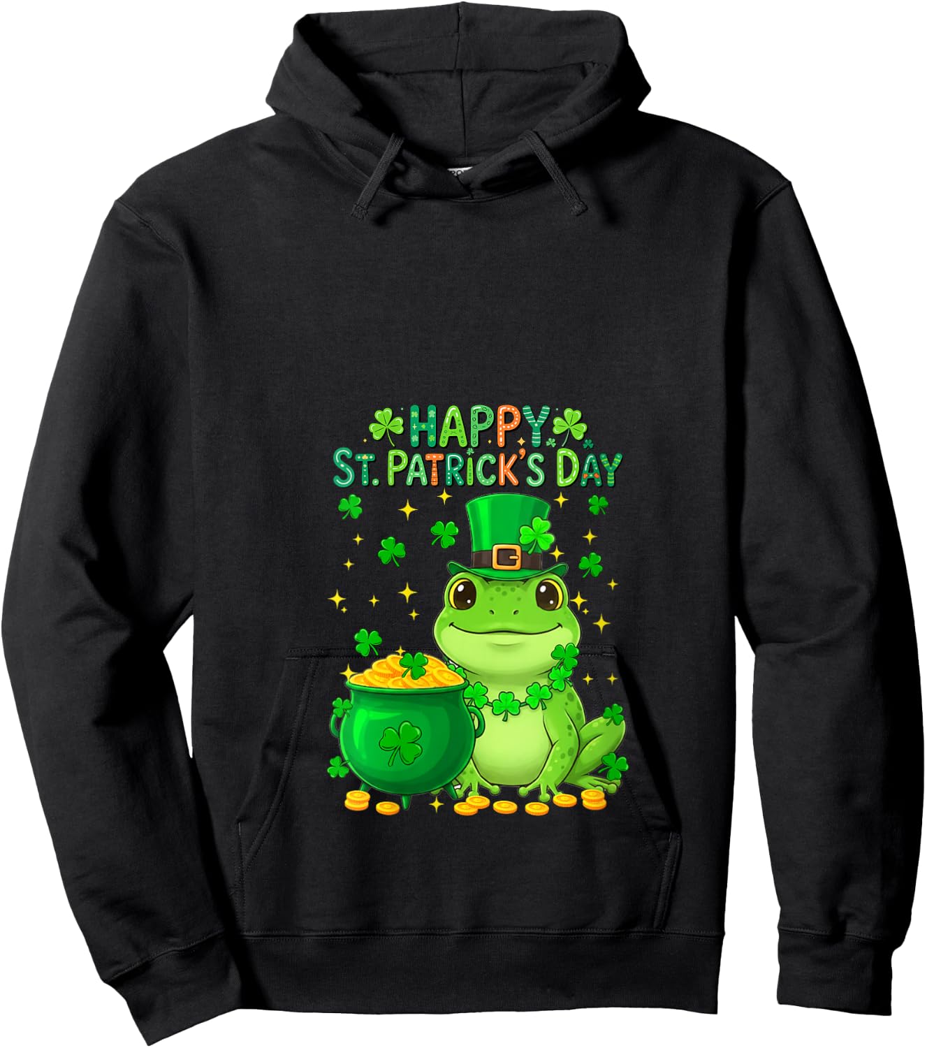 Women's Happy St. Patrick's Day Frog Shamrocks Coins Lover Kids V-Neck Hoodie - Hoodie | Black