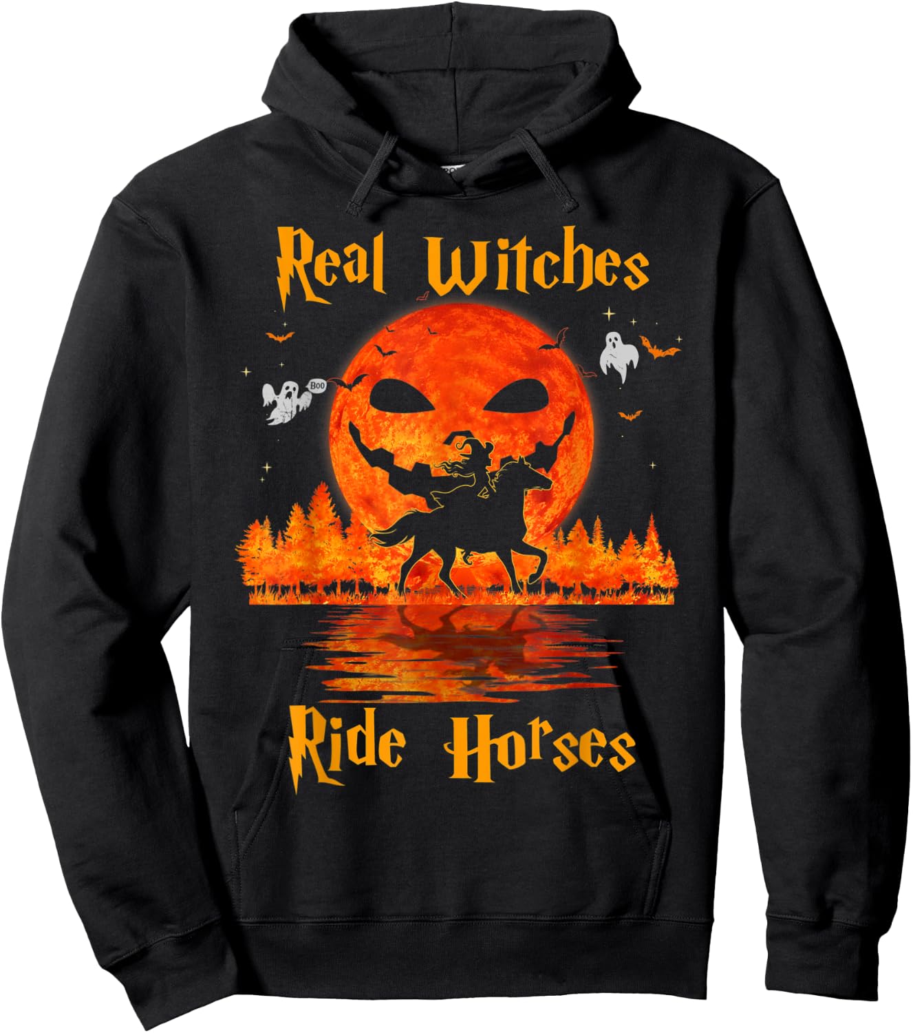 Real Witches Ride Horses Halloween Girl Riding Horse Lovers Hoodie - Hoodie | Black