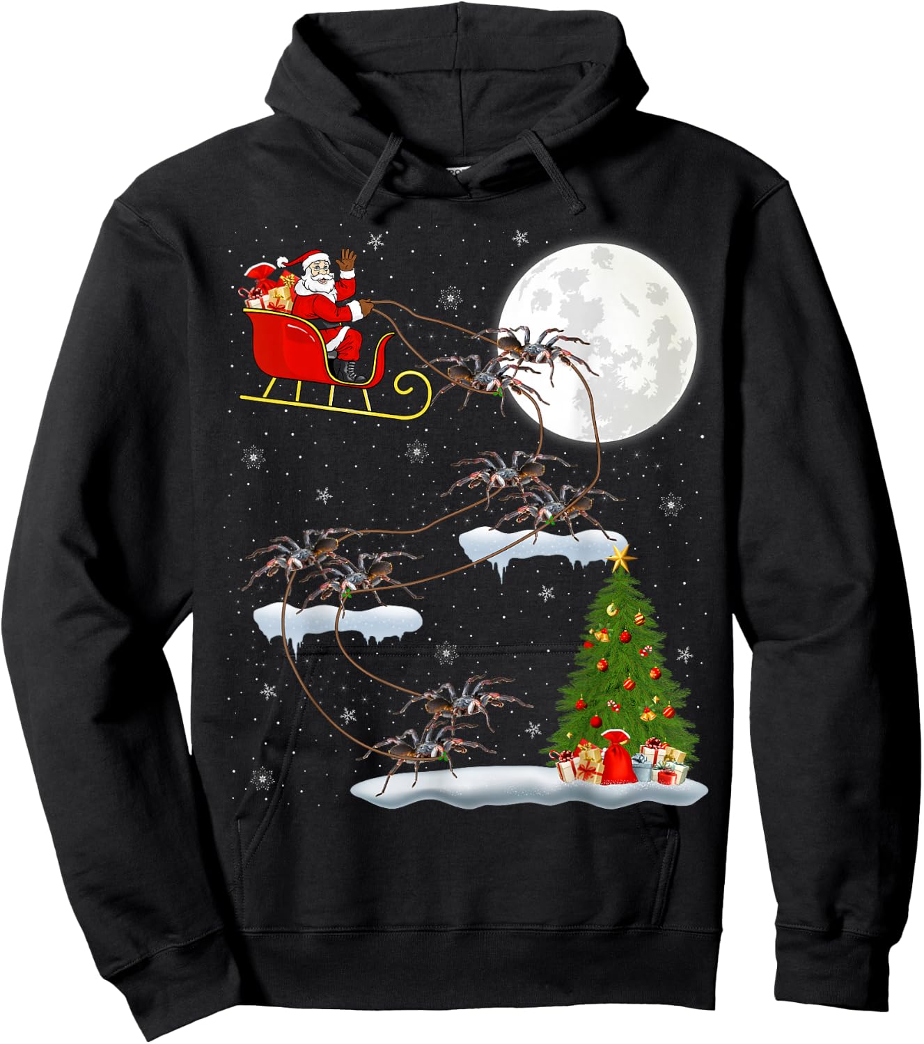 Funny Xmas Lighting Tree Santa Riding Tarantula Christmas Hoodie - Hoodie | Black