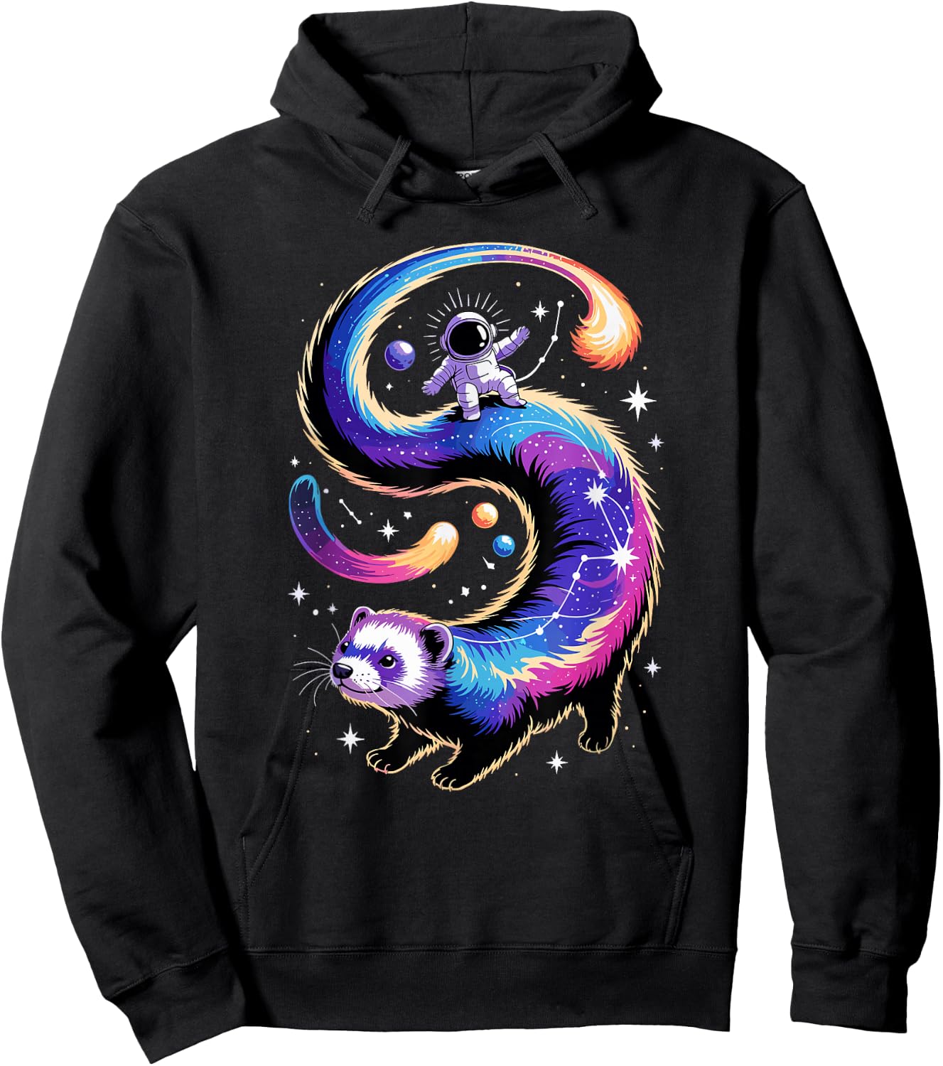Astronaut Rides Ferret Space Stars Comets Galaxy Planets Hoodie - Hoodie | Black