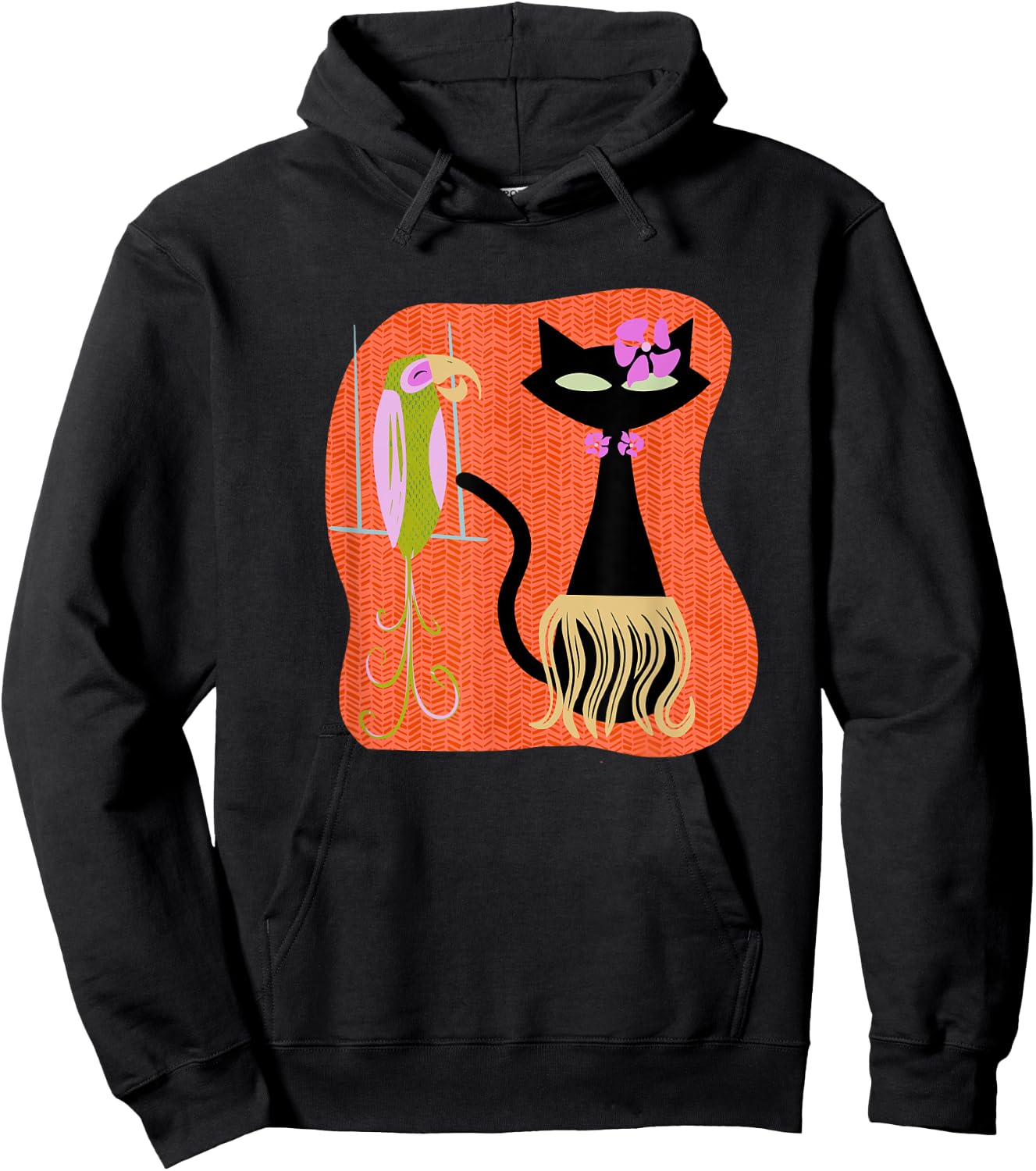 Hawaiian Hula Cat with Tropical Tiki Bird and Hibiscus Flowe Hoodie - Hoodie | Black