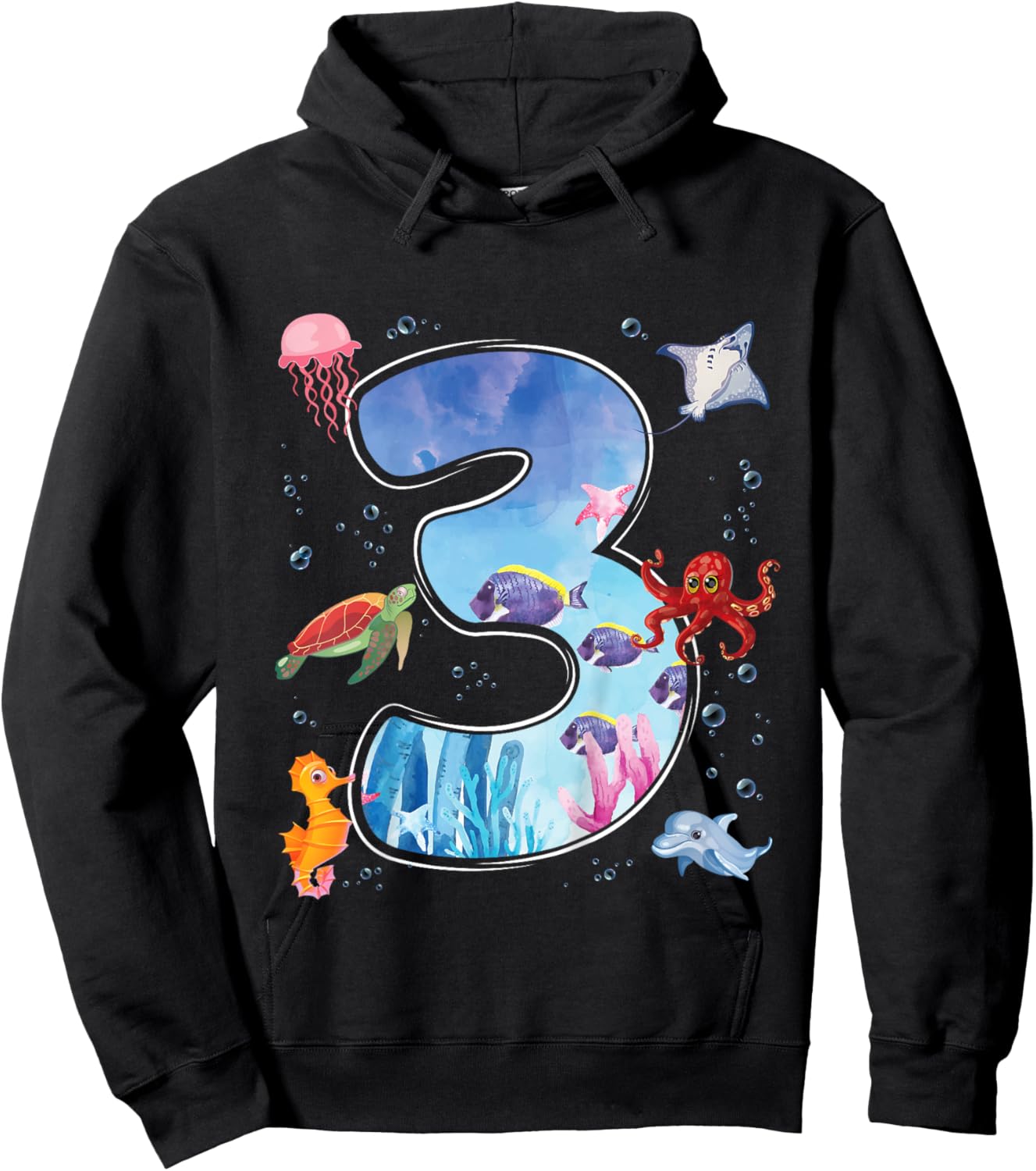 Kids 3rd Birthday Party Ocean 3 Year Old Sea Fish Aquarium Boy Hoodie - Hoodie | Black