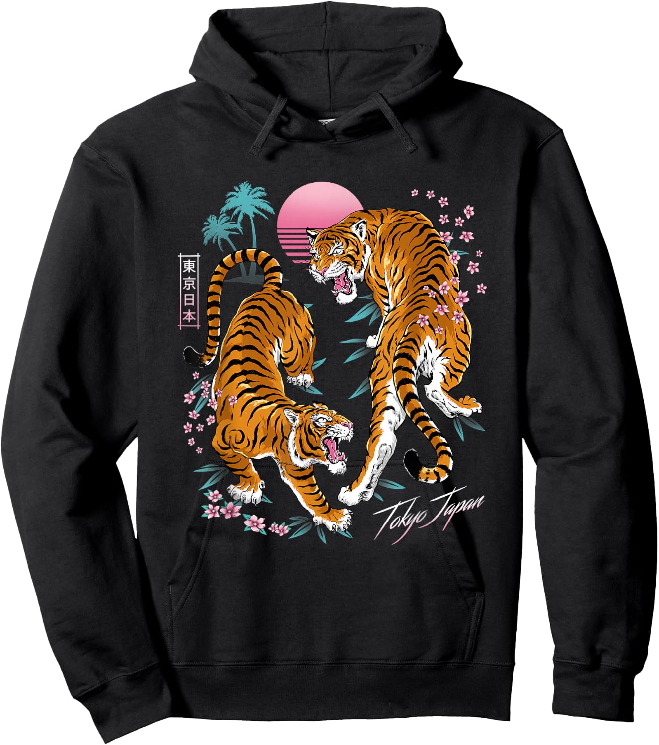 Pop Cult Women's Tokyo Dueling Asian Tigers Retro 80's Vaporwave - Black Tiger Print Short Sleeve - Small Hoodie - Hoodie | Black