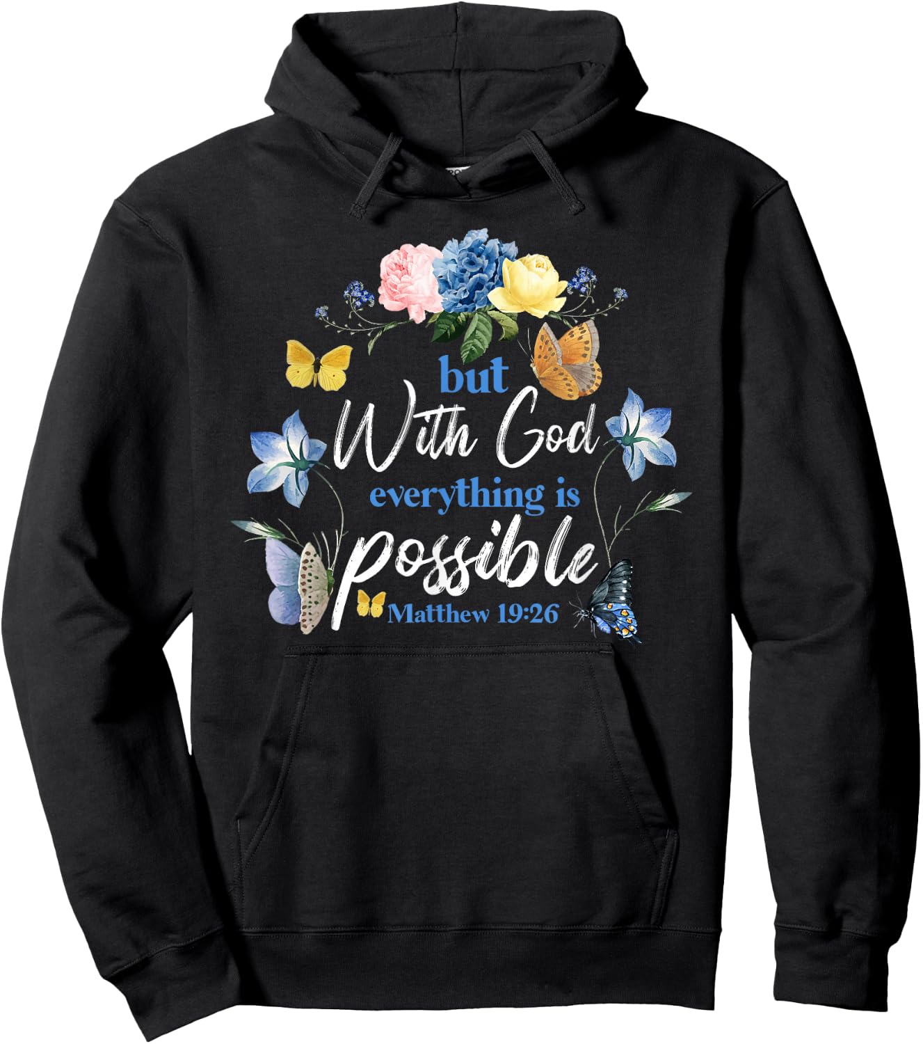 Christian Bible Verse Butterfly Rose Flower Matthew 19:26 Hoodie - Hoodie | Black