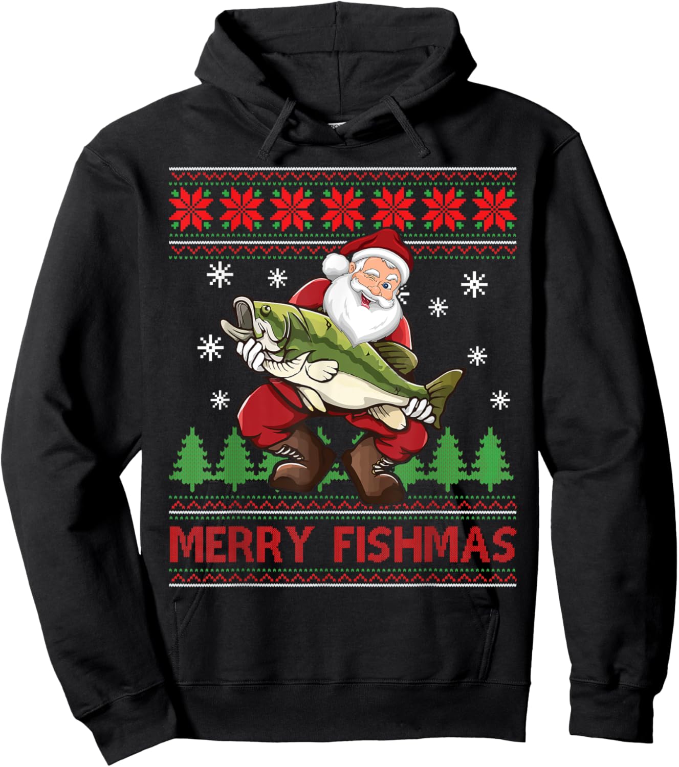 Merry Fishmas Santa Fishing Ugly Christmas Sweater Style Hoodie - Hoodie | Black