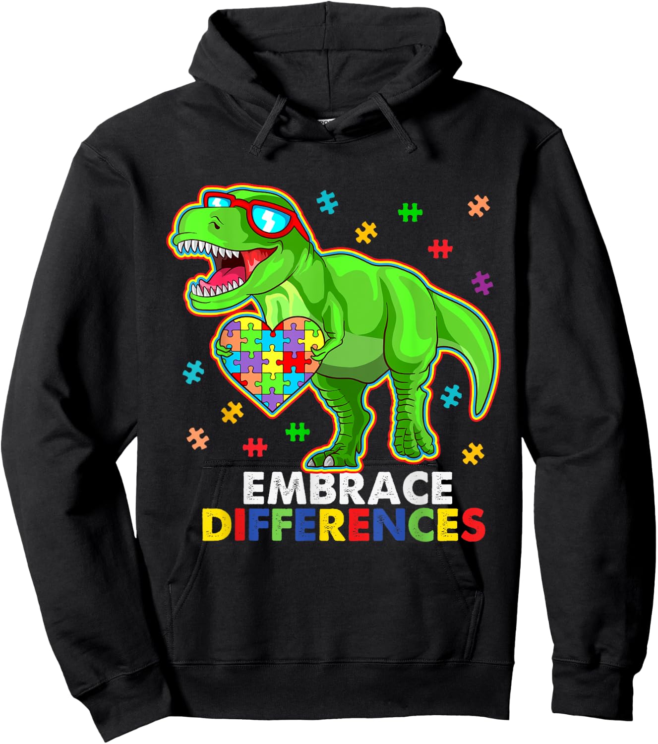 Embrace Differences- Autism Awareness Dinosaur Puzzle Piece Hoodie - Hoodie | Black