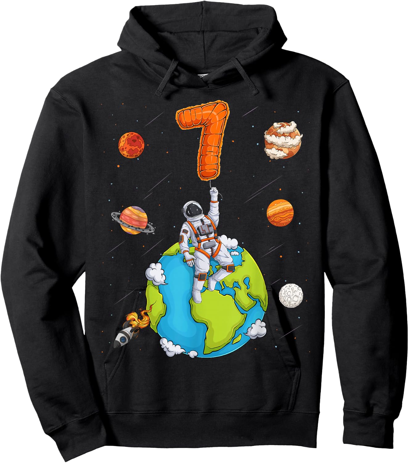 Astronaut Planets Space 7 Seven Years Old 7th Birthday Boys Hoodie - Hoodie | Black