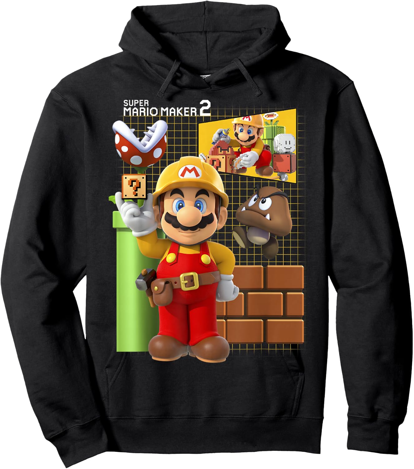 Super Mario Maker 2 Game Play Portrait Grid Background Hoodie - Hoodie | Black